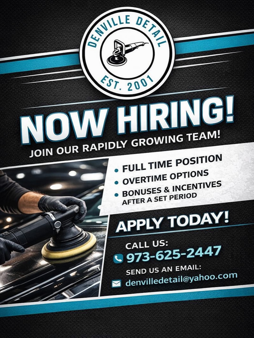 ‼️ Opportunity knocks and we are HIRING ‼️
-
We here at Denville Detail are truly building something amazing and WE NEED YOUR HELP!
-
We are looking for full time employeeS who are passionate, goal orientated and have attention to detail!
-
Become part of an amazing team with perks, laughs, and job security!
-
Oh, and we’re also offering a $100 finders fee when all checks out!
-
Cash/zelle/venmo - credit towards any detailing service!
-
#autodetail #denvilledetail #hiring