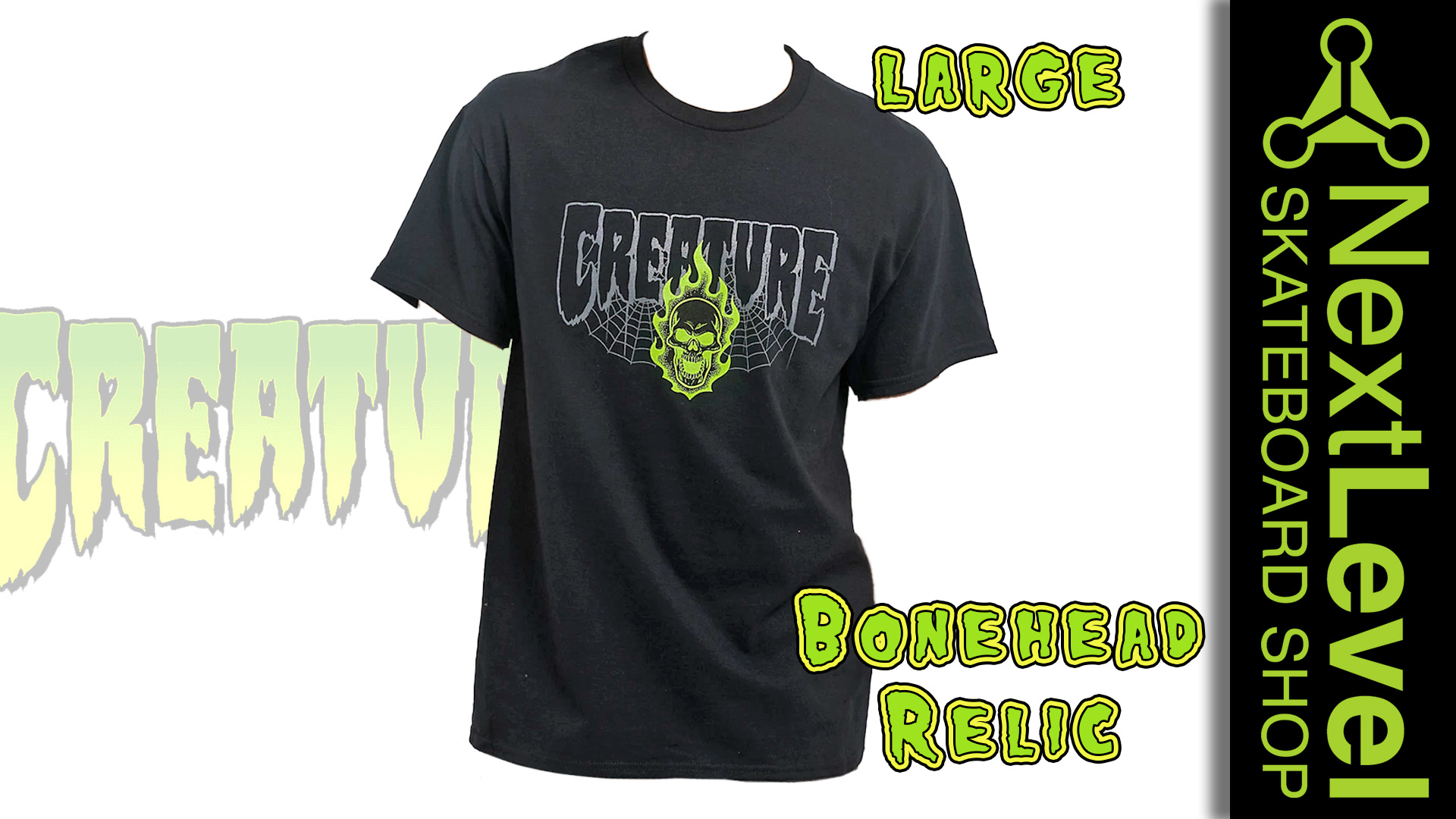Creature Bonehead Relic Black T-Shirt
Channel alternative vibes with the Bonehead Relic t-shirt from Creature Skateboards. Landing in a classic black colorway, the tee features grey branding script on the chest, with a green flaming skull adding a pop of color to the look. For comfort, the top features a printed no-itch neck label. Available at Next Level Skateboard Shop
Size: Large
@nextlevel_skateboards
@creaturefiends