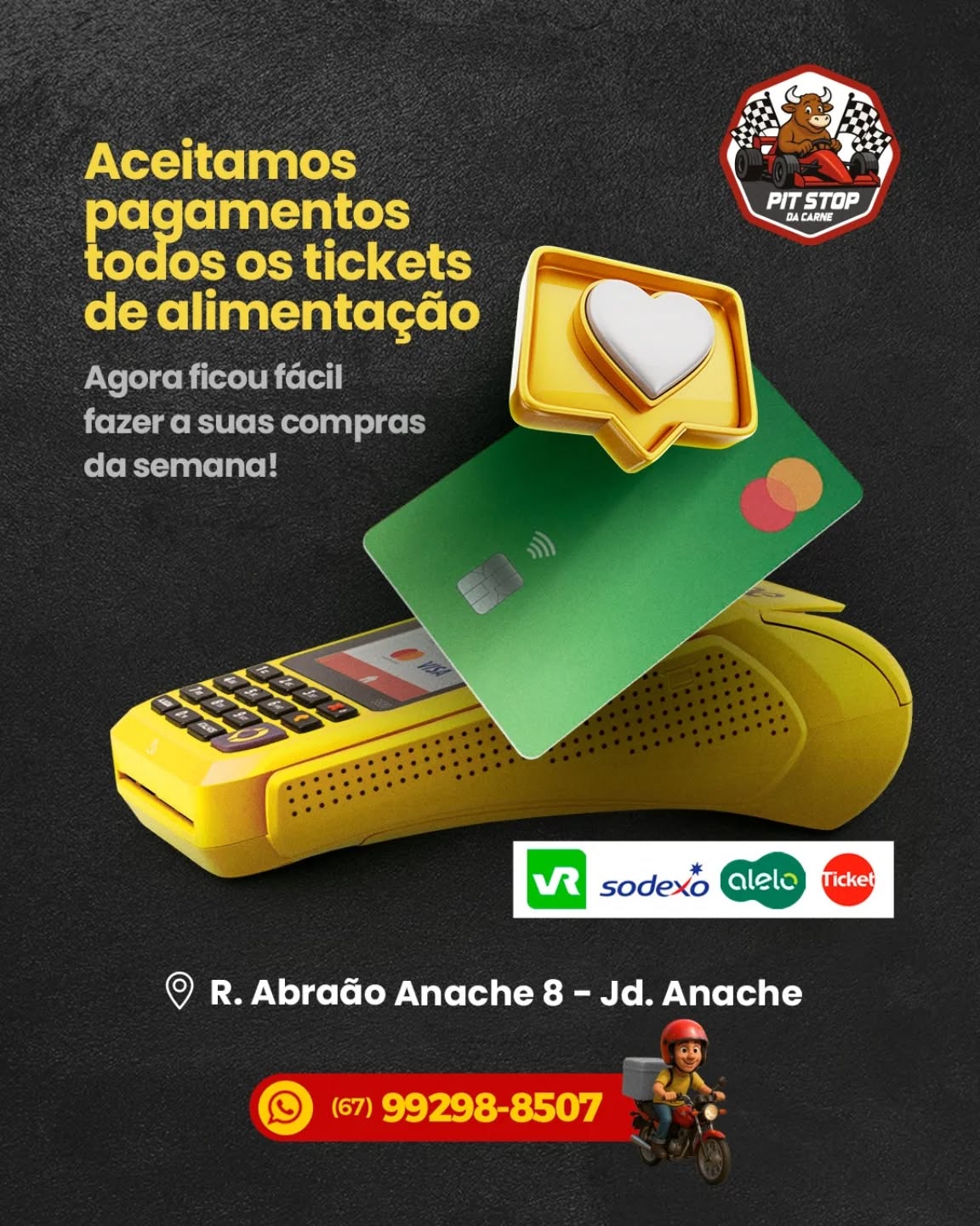 💳🥩 Aqui o seu ticket vira carne boa
e a compra da semana fica bem mais fácil 😌
Aceitamos TODOS os tickets alimentação.
VR, Sodexo, Alelo, Ticket… passou, levou 💥
Sem complicação, sem desculpa.
É só chegar, escolher a carne e passar o cartão.
📍 Pit Stop da Carne
📲 (67) 99298-8507
🚚 Entregas nas compras a partir de R$100