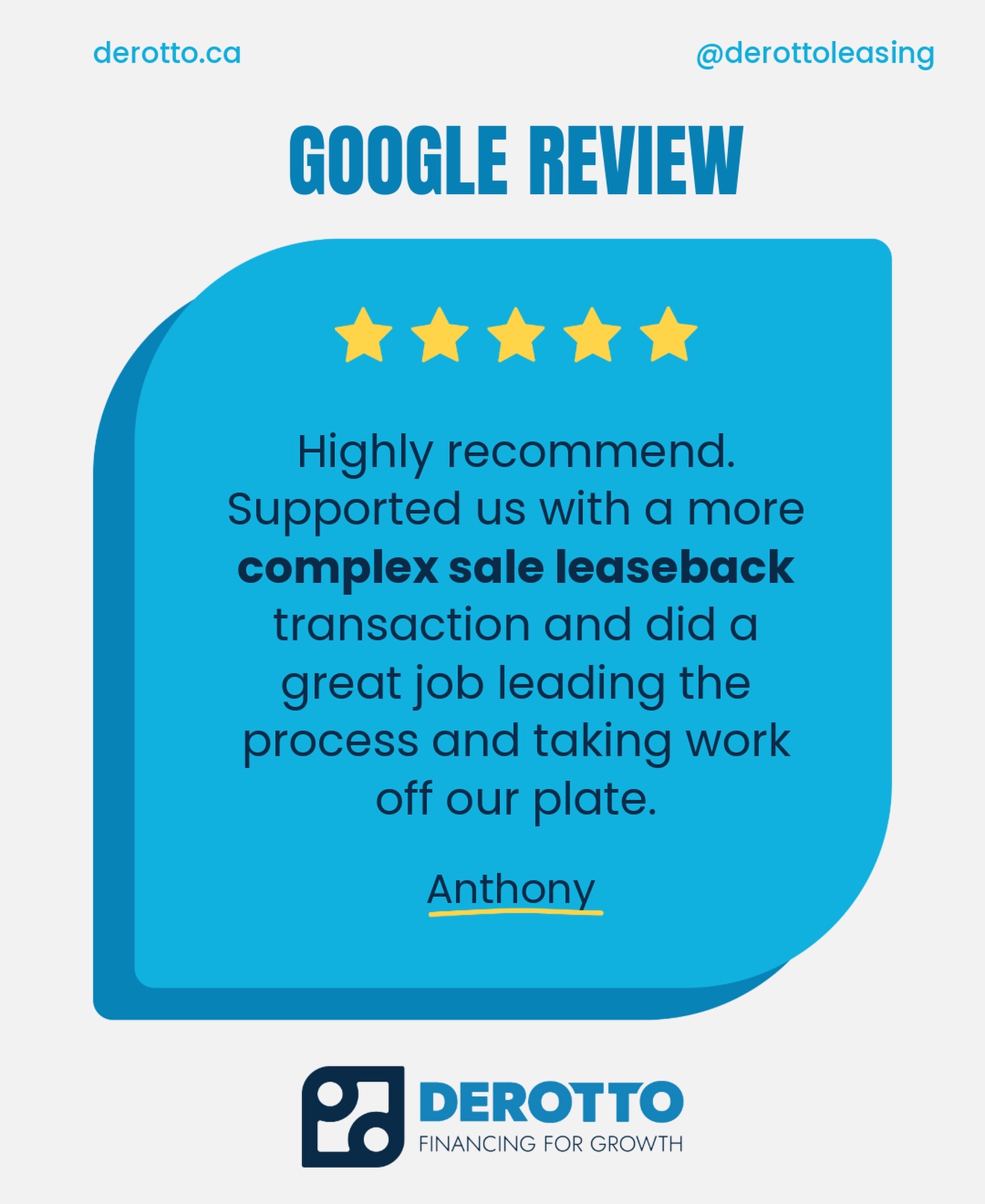 Another 5-star review!
Huge thanks to our clients who leave us Google reviews. Your feedback truly supports our team and helps DEROTTO Leasing keep serving businesses across Canada.
