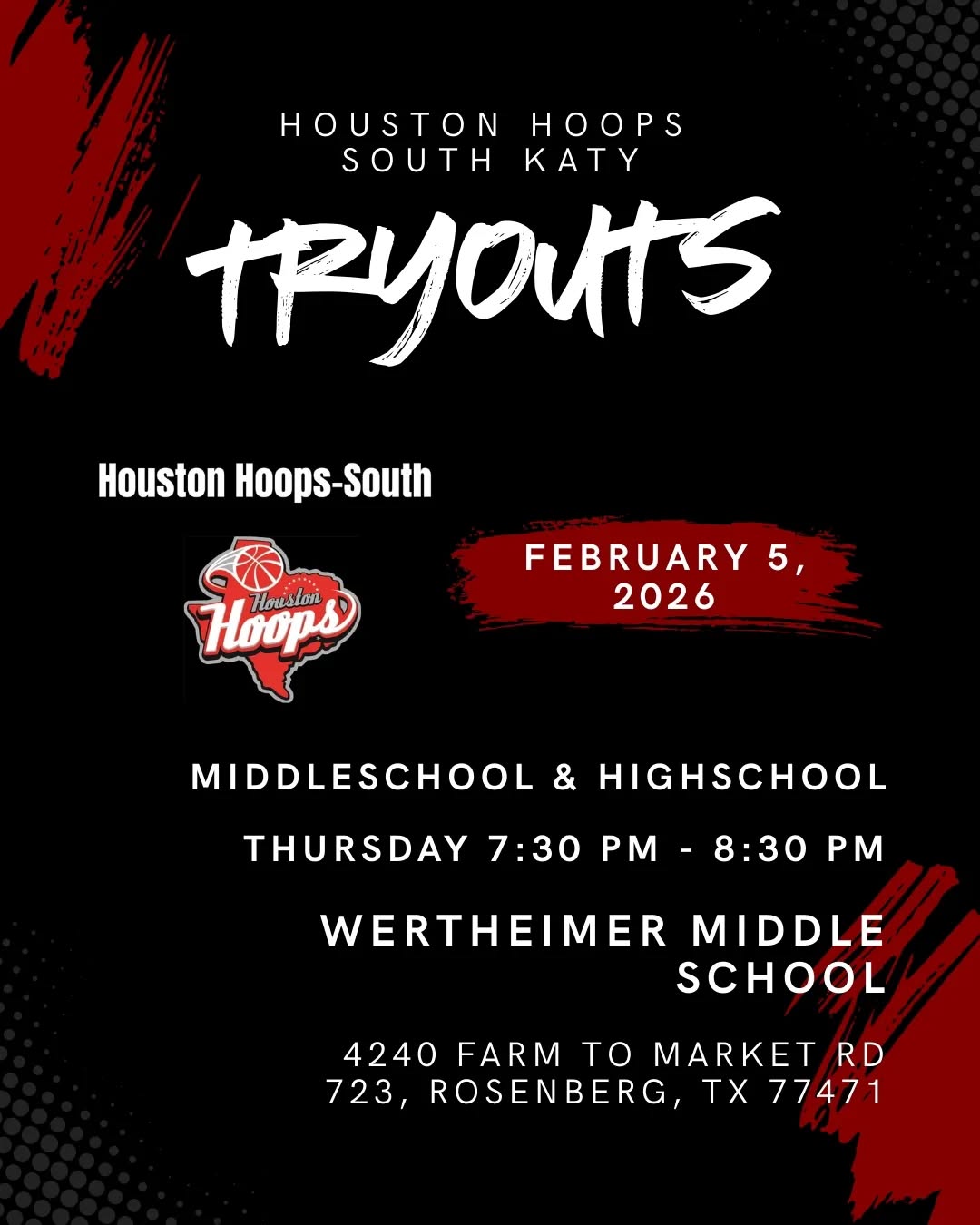 Middleschool & Highschool athletes, it's time to showcase your game! 🏀
Join Houston Hoops-South tryouts on Feb 5, 2026, Thursday 7:30 PM – 8:30 PM at Wertheimer Middle School.
👉 Secure your spot & track performance with PlayMetrics: https://playmetrics.com/signup?clubToken=TG9uaW4tQ2x1Yi52MS0xODAyLTE3NzQ2NDE3MzF8dk5BclFJTlRHYkxjWm5Wdm84eGJCcHdhQzNUYngrbi9lRUdoejYxZ3M2OD0%3D&program_id=88575
#HoustonHoops #SouthKaty #BasketballTryouts #MiddleSchool #HighSchool Hoops Tryouts TexasBasketball GameReady 💪🏀