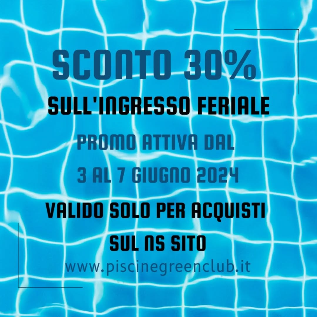 Buona domenica con questa nuova promozione, valida per la settimana dal 3 al 7 giugno!
SCONTO AUTOMATICO DEL 30% SUGLI INGRESSI FERIALI SE ACQUISTI SUL NS SITO WWW.PISCINEGREENCLUB.IT
La promo si applica in automatico nel carrello in fase di acquisto. Promozione valida solo per acquisto biglietti online.
👉Non fartelo dire 2 volte, clicca subito sul link al ns sito in bio x approfittarne!!!
.
.
.
#piscinegreenclub
#estategreenclub
.
.
#piscinaamodena #piscinaestiva #estate2024 #estateinpiscina #estateitaliana #estateincittà #summer2024 #summersale