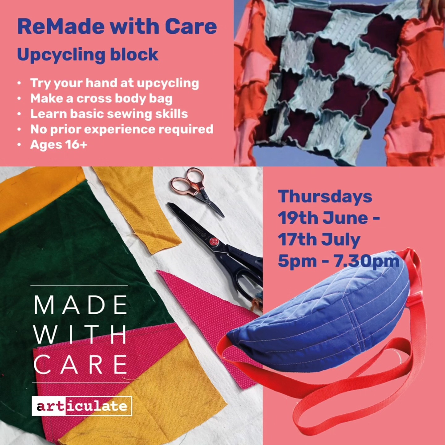 ReMade with Care - Upcycling block
Thursdays 5pm -7.30pm, 19th June - 17th July
Join our fun, hands-on upcycling workshops with Vicky Randlo where you’ll learn how to:
* Get creative with fabrics, patterns and embellishments
* Develop basic hand sewing skills
* Use a sewing machine with confidence
* Play with patchwork and overlocking techniques
* Make your own upcycled fashion accessory
* Photograph your final piece to sell or share online
No experience needed – just bring your imagination!
All materials are provided to make and take away a cross body bag.
We recommend attending all five sessions to complete your project.
Follow the link in bio to book or email hello@articulatehub.com to sign up for the 5 week block.
Location: Articulate Cultural Trust, 125 St Vincent Street, Glasgow, G2 5JF
Age 16+
Free