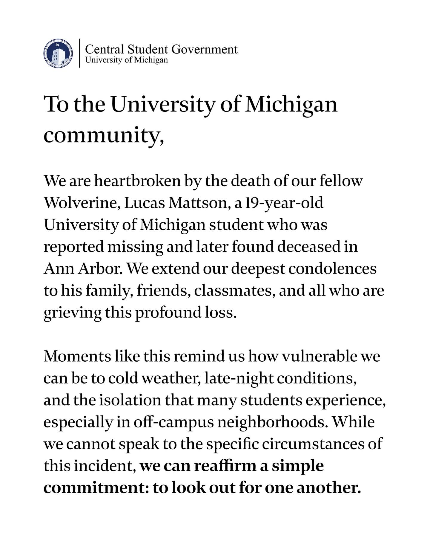 We are truly heartbroken by the loss of our fellow Wolverine, Lucas Mattson. If you’re struggling or need support, our link in bio has wellness resources to help you in any way you feel comfortable with.