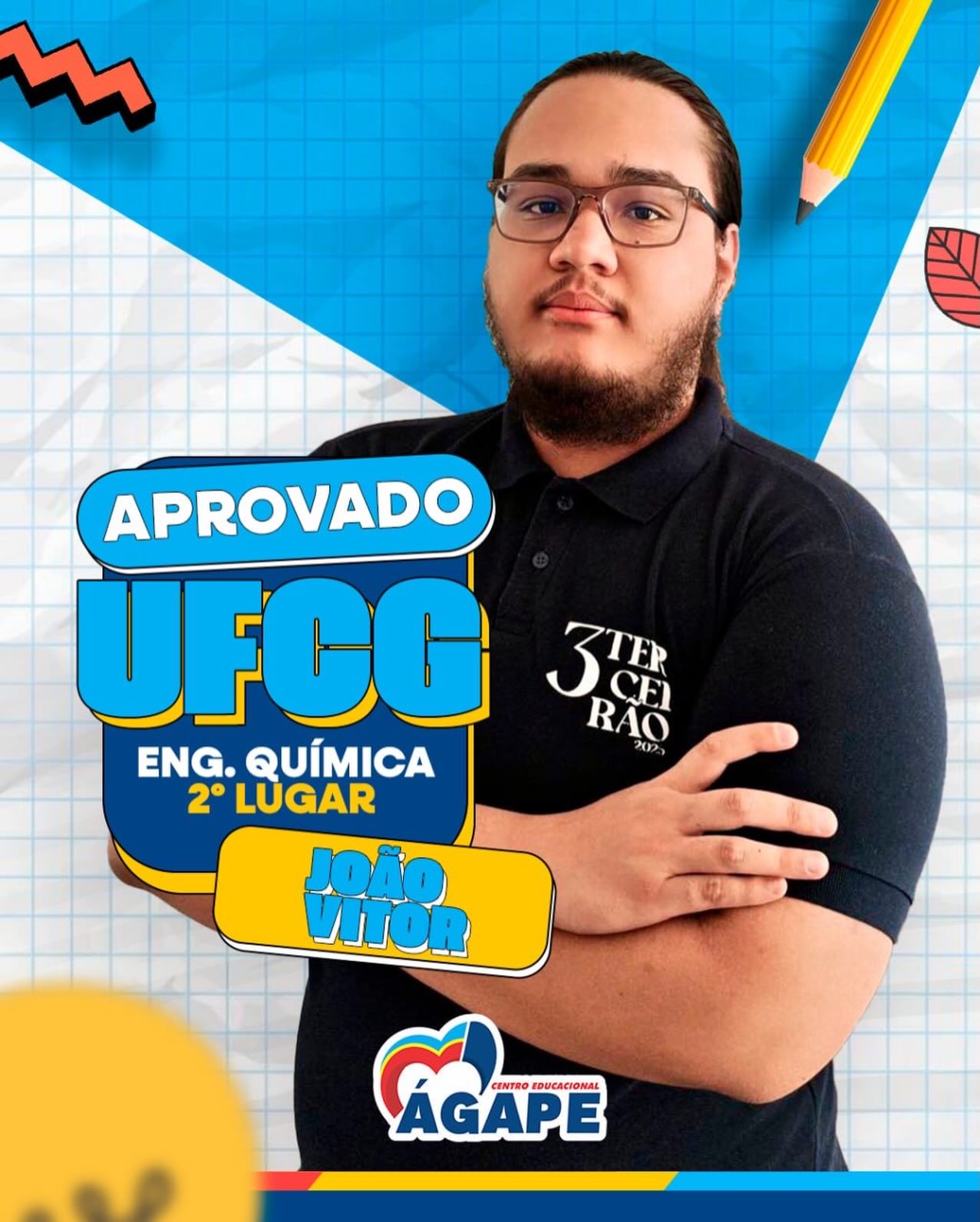 4️⃣ João Vitor – UFCG | Engenharia Química – 2º lugar
🧪🥈 Aprovado na UFCG – 2º lugar!
João Vitor alcança um resultado extraordinário em Engenharia Química, garantindo o 2º lugar. Mérito de muito estudo, foco e excelência.
Orgulho que transborda! 💙🔥