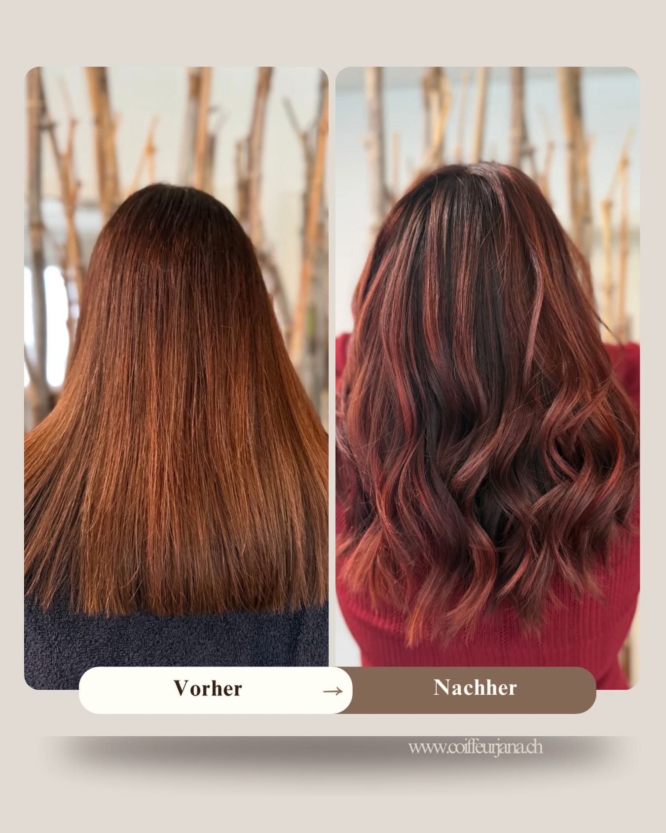 Intensives Kupferrot trifft auf weiche Übergänge und natürliche Bewegung.
Die Farbe wirkt tief, edel und voller Wärme –
ein Look, der sofort ins Auge fällt und trotzdem zeitlos bleibt. ✨
📩 @coiffeurjana_ oder per WhatsApp
🌐 www.coiffeurjana.ch
📞 +41 78 261 55 47
#CoiffeurJana #Schmitten #swisshairdresser #kupferrot #hairtransformation