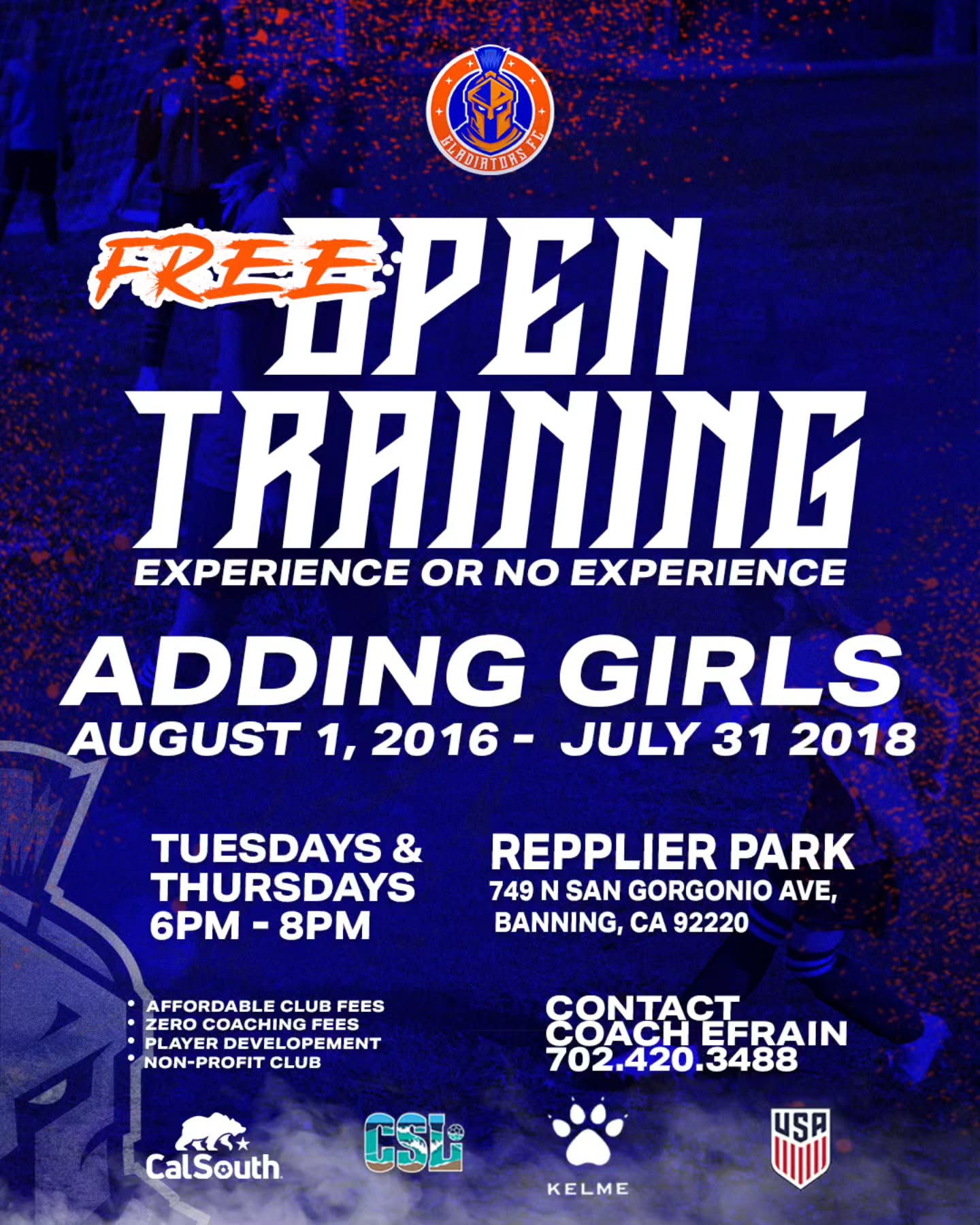 🔥 FREE Open Training – Girls Division 🔥
Gladiators FC is adding girls born 2016–2018!
No experience needed—just come ready to learn, grow, and have fun ⚽️
📍 Repplier Park | Banning, CA
🗓 Tuesdays & Thursdays | 6–8PM
Affordable. Player development focused.