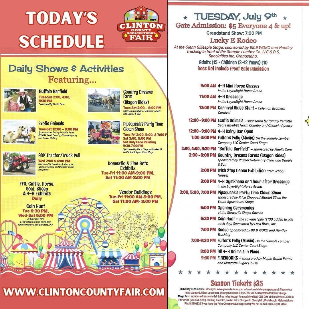 Today kicks off the 76th Clinton County Fair! See the complete schedule online at www.ClintonCountyFair.com
#ClintonCountyFair #Fair #AgriculturalFair #Plattsburgh #Rodeo #WarrenZeiders #MonsterTrucks #DemolitionDerby #TractorPull #TruckPull #SummerFun #ClintonCounty