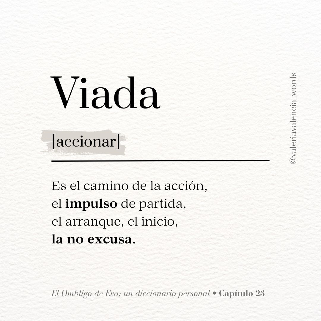 La etimología de la palabra «viada» viene del latín. Su raíz es via, vehere, que significa llevar, arrastrar, carretear. Sus componentes léxicos son la raíz vía, que significa camino, viaje o calle y su sufijo -ada, que indica acción y golpe, como en pedr-ada (Monlau, 91 y 460; Corimas, 605). Fragmento del libro El Ombligo de Eva: un diccionario personal (capítulo 23: Viada).
•
•
•
Descubre más en link está en mi perfil 😊 📖✨. El libro El Ombligo de Eva: un diccionario personal es un viaje reflexivo a través de 27 palabras, una por cada letra del abecedario, una arquitecta ecuatoriana escribe un libro para Clara, su hija de 7 años, inspirándose en el alfabeto con el que le enseña a leer. Este emotivo recorrido no solo profundiza sobre el crecimiento personal y el poder de las palabras, sino que lleva a Eva, la protagonista, a redescubrir su pasado y el sentido de su vida. Más que un legado para Clara, El Ombligo de Eva revela verdades universales sobre el significado de vivir y trascender. 🌟
•
•
•
#etimología #libro #librorecomendado #inspiracion #inspiración #palabras #literatura #citas #reflexiones #penumbra #lectura #reflexión #calma #pazinterior #conexión #amanecer #frasedeldía #bienestar #naturaleza #meditación #pensamientos #tranquilidad #escritora #ebook #elpoderdelaspalabras #escritoresdeinstagram
#motivación #motivacion #sinexcusas #accionar