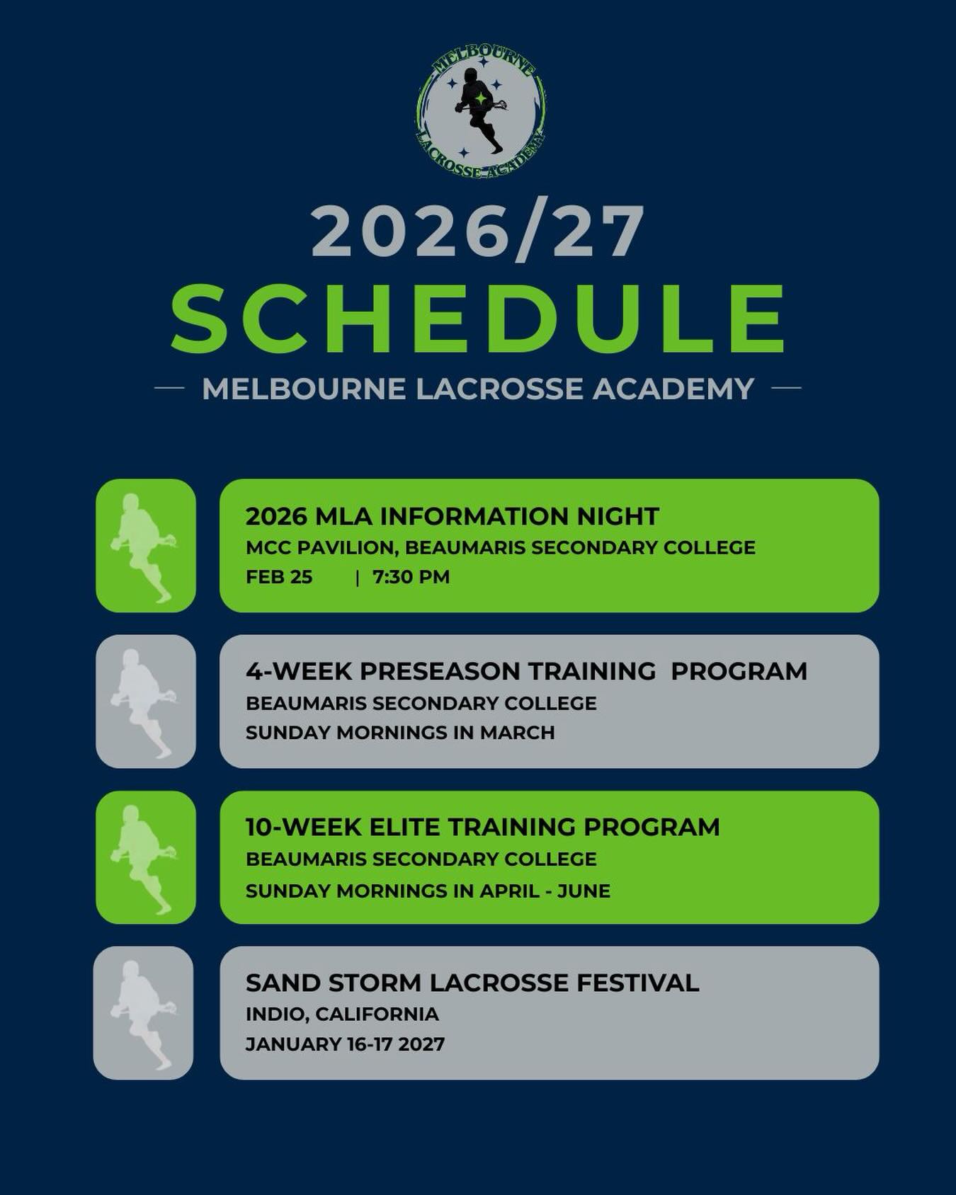 We are so excited to announce the programs that MLA has in store for the 2026/27 lacrosse season.
We will be offering a 4-week Preseason Training Program in March for boys aged 12-18 to work on their fitness with Coach Trent and their lacrosse skills with Coach Chad. More details to follow.
We are thrilled to be running a 10-week Elite Training Program in April-June for boys aged 12-18. This is the second year we will be running this program following its huge success last year. More details to follow.
Finally, we are planning on sending an MLA team to the Sand Storm Lacrosse Festival that is held in Indio, California in January 2027. Expressions of interest will be open shortly for this amazing opportunity.
We will be holding an information night on February 25th at 7.30 pm to give you the opportunity to learn more about our programs for this year.
If you have any questions about our programs ahead of the information night please do not hesitate to contact us!
#melbournelacrosseacademy #mla🥍