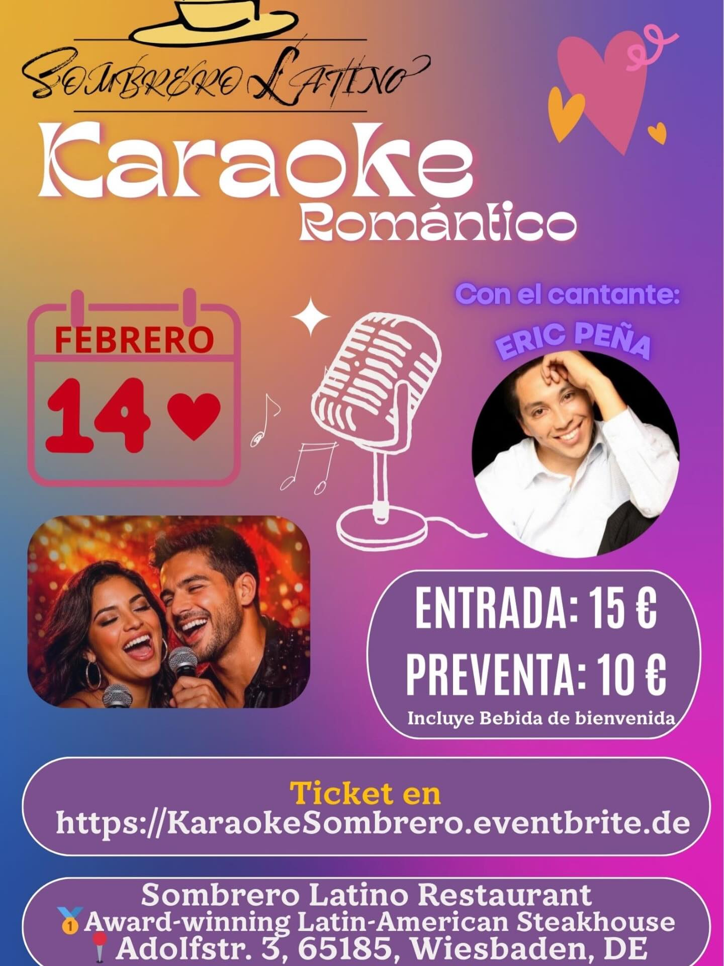 A Valentineโs Day karaoke/concert! Listen or serenade on this special day! https://www.eventbrite.de/e/karaoke-en-espanol-14-feb-especial-san-valentin-tickets-1979683119502?aff=oddtdtcreator