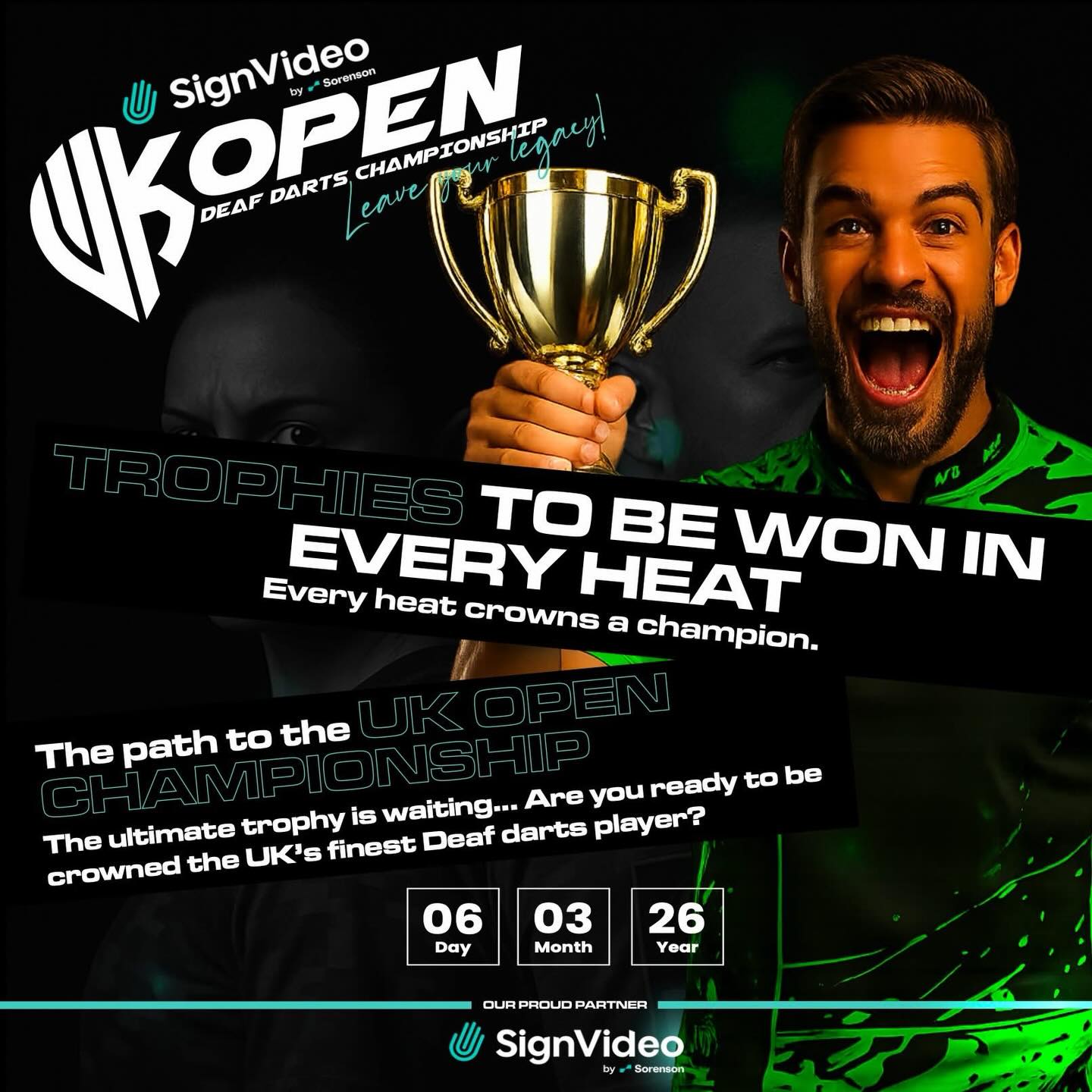 TROPHIES IN EVERY HEAT 🏆
Every heat crowns a champion.
But this is more than a heat win…
This is THE ROAD TO THE UK OPEN CHAMPIONSHIP.
Fight on for the chance to claim the ULTIMATE TROPHY 🏆🎯
Every throw matters. Every heat counts.
Register on: www.deafdarts.org