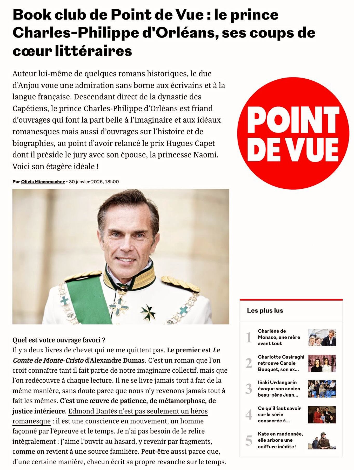 Book club de Point de Vue, mes coups de cœurs littéraires, mes ouvrages de chevet, mes auteurs fétiches, mon livre d’enfance… 📚📖à lire sur pointdevue.fr #princecharlesphilippedorleans #charlesphilippedorleans #familleroyaledefrance