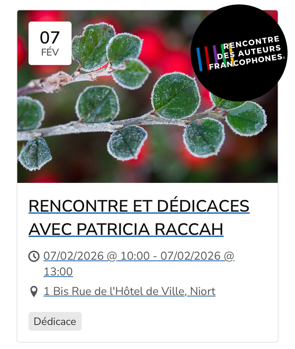 L’AGENDA DES AUTEURS DEMAIN ?
un samedi riche en rencontres, dédicaces, salons, dîners ….
Retrouvez toute l’actualité des auteurs du réseau sur la plateforme !
https://auteursfrancophones.com/agenda-events/