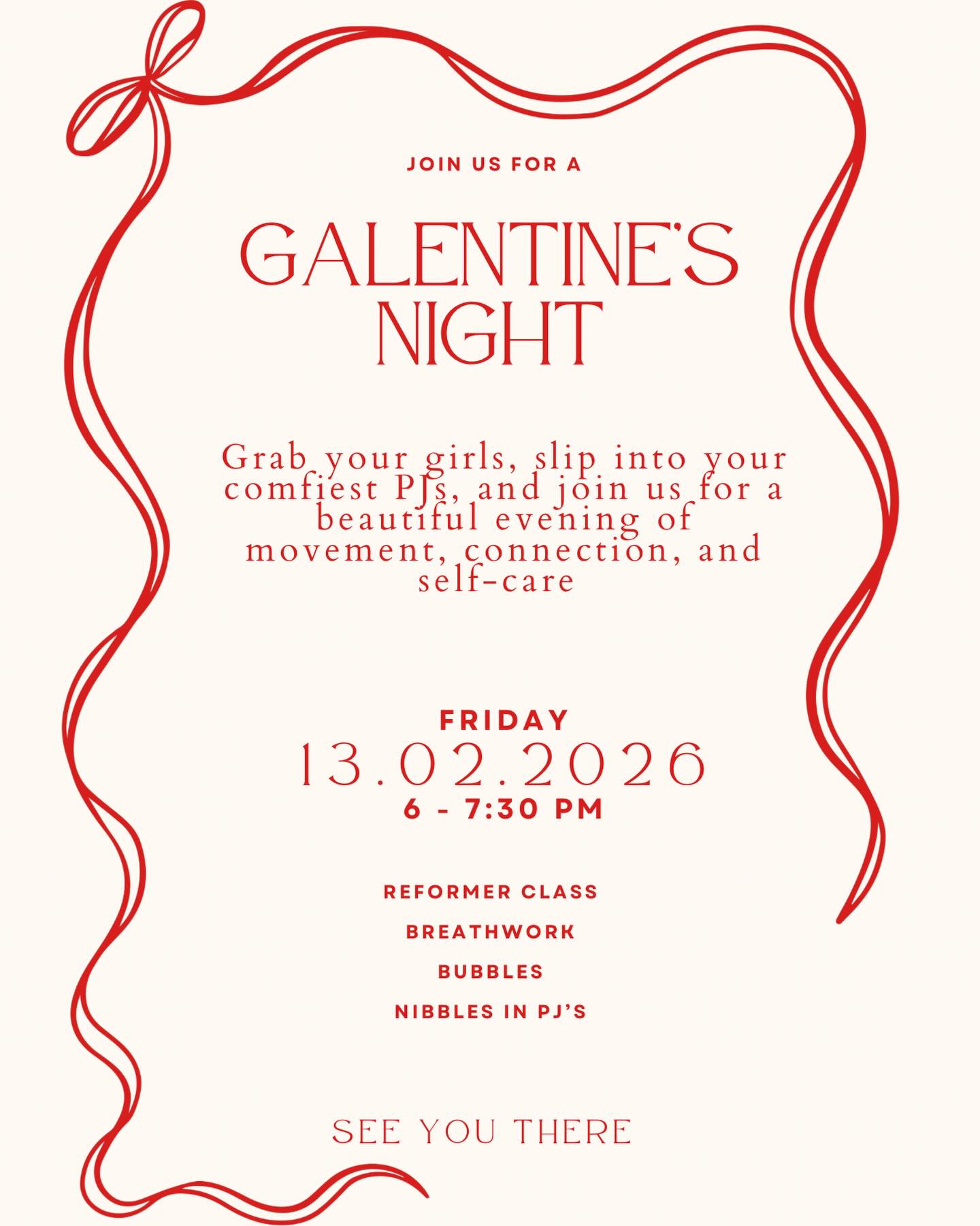 ♥️Galentine’s Night at Soma ♥️
Come and have some fun with us, cosy, feel-good evening created to get us in good movement, connection & self-care
✨ A feel-good Reformer Pilates class
✨ Guided breathwork to help you unwind & reset
✨ Nibbles & chats to finish the night
✨ PJs encouraged for extra cosy vibes
This will be an intimate event with limited spaces, so booking is recommended.
Bookings are now open via the app
We’d absolutely love to have you there 🤍