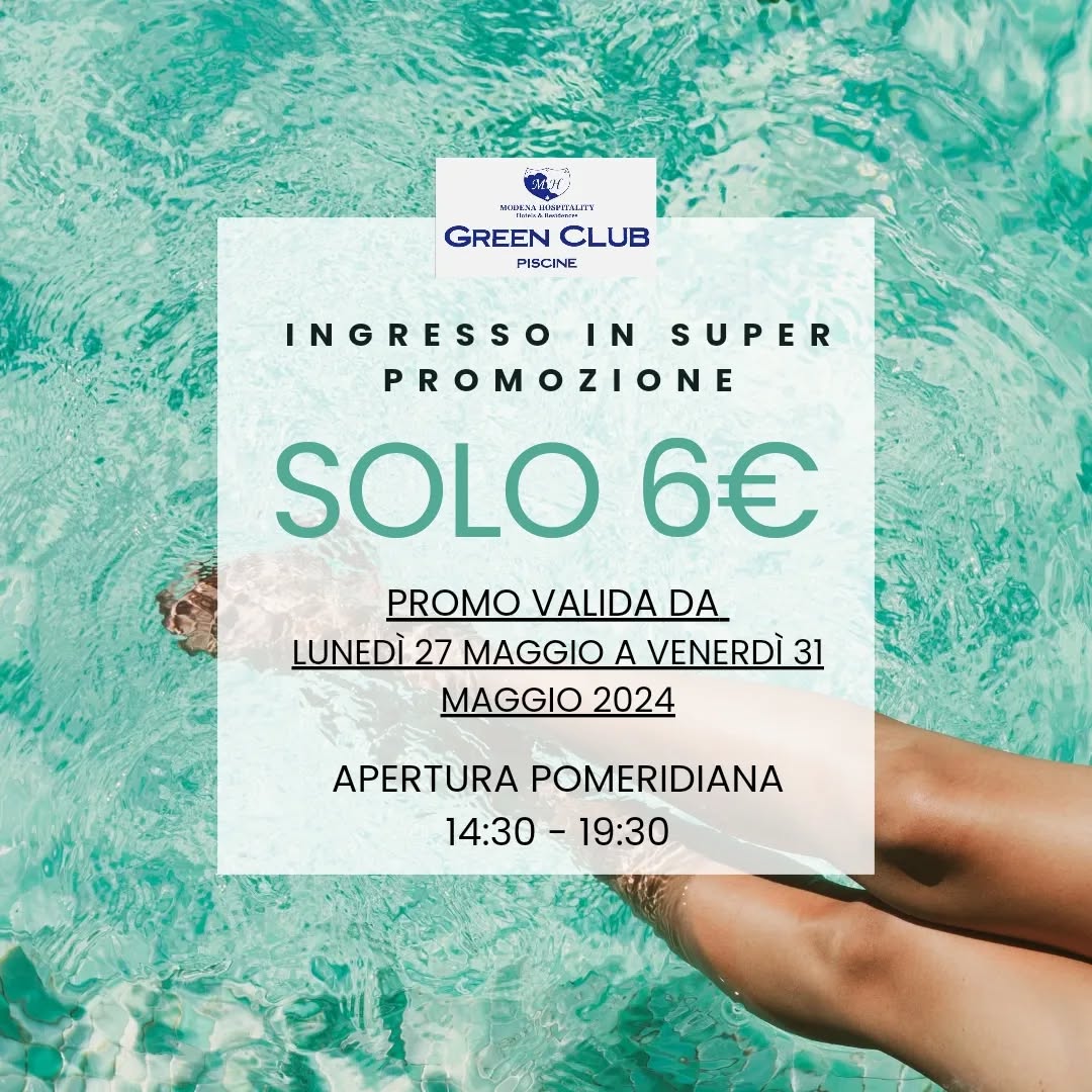 Partiamo con la prima promozione della stagione, a un prezzo mai visto 👀
💥INGRESSO SCONTATISSIMO A SOLI 6€💥VALIDO DA LUNEDÌ 27 A VENERDÌ 31 MAGGIO 2024.
APERTURA POMERIDIANA DALLE 14.30 ALLE 19.30.
Promo non acquistabile online, ma soltanto con accesso diretto in piscina.
Inaugura la tua estate con il botto, approfitta della promozione! Ti aspettiamo 😃
.
.
.
#piscinegreenclub #estategreenclub
.
.
.
#modenahospitality #piscinaestiva #piscinaamodena #estateinpiscina #estateitaliana #summer2024 #summervibes