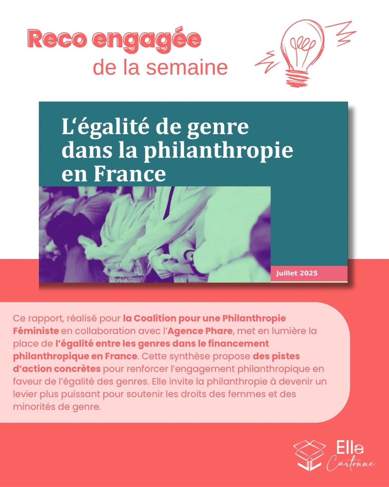 💡 Reco engagée de la semaine
Si comme nous, vous aimez les lectures qui questionnent, on vous recommande vivement la synthèse de l’enquête « L’égalité de genre dans la philanthropie en France » réalisée pour la Coalition pour une Philanthropie Féministe en collaboration avec l’Agence Phare.
🔍 Ce que révèle l’étude :
- Un fort décalage entre discours et actes : de nombreuses structures déclarent soutenir l’égalité, mais peu la financent réellement de façon significative. En France, c’est seulement 7 % des financements philanthropiques. Face à l’importance des enjeux, la lutte pour les droits des femmes reste insuffisamment soutenue.
- Des pratiques très variées : parmi celles qui financent l’égalité de genre, certains soutiens sont très ciblés (droits économiques, éducation, lutte contre les violences), et d’autres restent symboliques ou limités. Les plus engagées d’entres eux financent les droits reproductifs, l’action politique et le plaidoyer.
- L’impact de la représentation des femmes au sommet : les structures dirigées par des femmes sont généralement plus engagées financièrement pour l’égalité de genre. (tiens tiens)
- La montée du conservatisme, un coup de frein aux soutiens : certains philanthropes, en réponse à la montée des positionnements anti droits et aux retraits de fonds européens structurants, s’inquiètent de s’afficher comme progressistes en soutenant des projets d’égalité.
Nous vous invitons à aller voir les pistes d’action proposées par la Coalition pour une Philanthropie Féministe et à relayer leurs actions.
🔗 À découvrir ici :
https://www.medwomensfund.org/docs/synthese-egalite-de-genre-dans-la-philanthropie-en-france.pdf