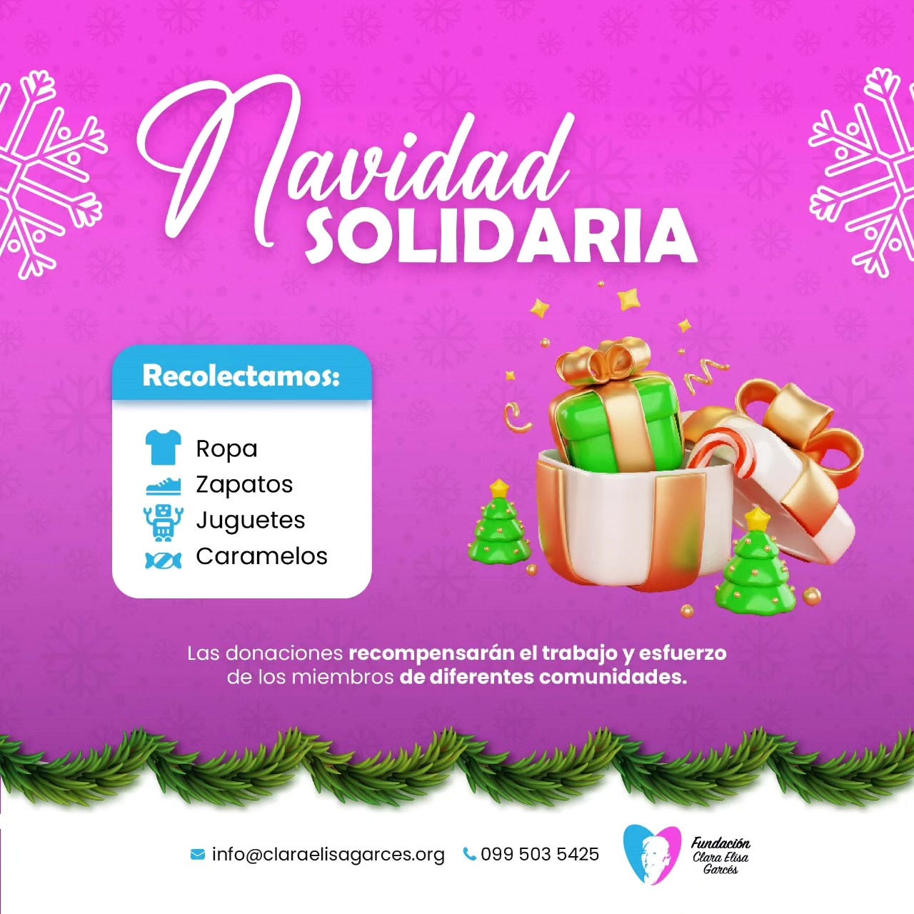 ¿Te unes a nuestra misión de llevar alegría a más comunidades? Por quinto año, la Fundación Clara Elisa Garcés recolecta ropa, zapatos, juguetes y caramelos para quienes más lo necesitan. 🎄✨
Tu donación será el regalo perfecto para familias de diferentes comunidades.
❤️ Contáctanos y hagamos juntos una diferencia esta Navidad. 📩 info@claraelisagarces.org | 📞 099 503 5425
#NavidadSolidaria #FundaciónClaraElisaGarcés #Donaciones #AlegríaNavideña #comunidad
Gracias @ca.ucer por el hermoso diseño. 👌