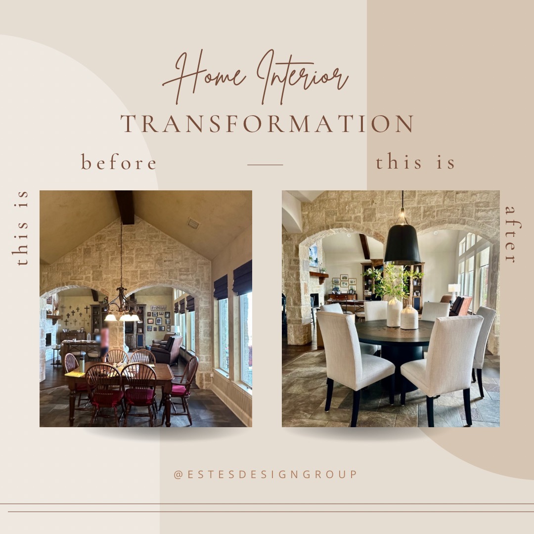 Check out this dining room update! We've revamped the space with modern lighting and stylish seating. We're loving the new vibe! #BeforeAndAfter #EstesDesignGroup