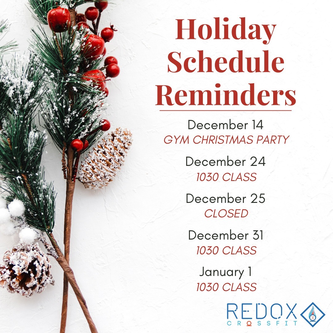 Mark your calendars! Our annual potluck, holiday party is 12/14 after the usual Saturday class. There will be snacks, games, prizes, and other shenanigans! Also, please note the abbreviated class schedule on holidays. Happy Holidays! - Team Redox