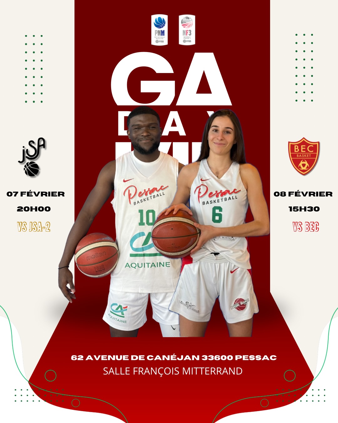 🔥 DOUBLE DERBY À PESSAC – WEEK-END DE FEU ! 🔥
Ce week-end, la Salle François Mitterrand va vibrer comme jamais…
👉 Deux jours, deux derbys, une seule mission : faire du bruit pour nos couleurs ! 🔴⚪
🏀 SAMEDI – 20H00
💥 Notre PNM affronte JSA-2 dans un duel qui s’annonce électrique !
🍔 Et bien sûr… buvette + paninis pour une soirée parfaite 😋
🏀 DIMANCHE – 15H30
🔥 Place à la NF3 face au BEC pour clôturer le week-end en beauté !
⸻
📅 PROGRAMME COMPLET DU WEEK-END
➡️ Samedi
• 15h : U18M1 vs JSA-2
• 20h : SF2 à Pontonx (dernier match de la 1ère phase)
• 20h : PNM vs JSA-2
➡️ Dimanche
• 11h : U21 vs Feytiat
• 13h : SM2 vs Boudy
• 15h30 : NF3 vs BEC
• 17h30 : SM3 vs Stade Bordelais
⸻
📍 Salle François Mitterrand – 62 avenue de Canéjan, 33600 Pessac
👉 ON COMPTE SUR VOUS POUR METTRE LE FEU 🔥🔥
#DoubleDerby #AllezPessac #PessacBasket #WeekEndDeFeu #TousEnSalle BasketPassion
