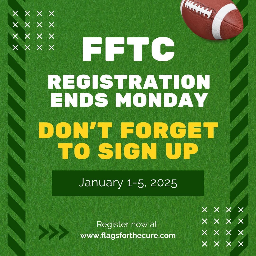 🏈 Time is running out! FFTC registration ends THIS MONDAY!
📅 Don’t miss your chance to join us January 1-5, 2025, at Village Park in Wellington, FL.
📢 Sign up now at www.flagsforthecure.com and be part of the action for a great cause! 💜
#FlagsForTheCure #FFTC2025 #PlayForACause #FlagFootballTournament