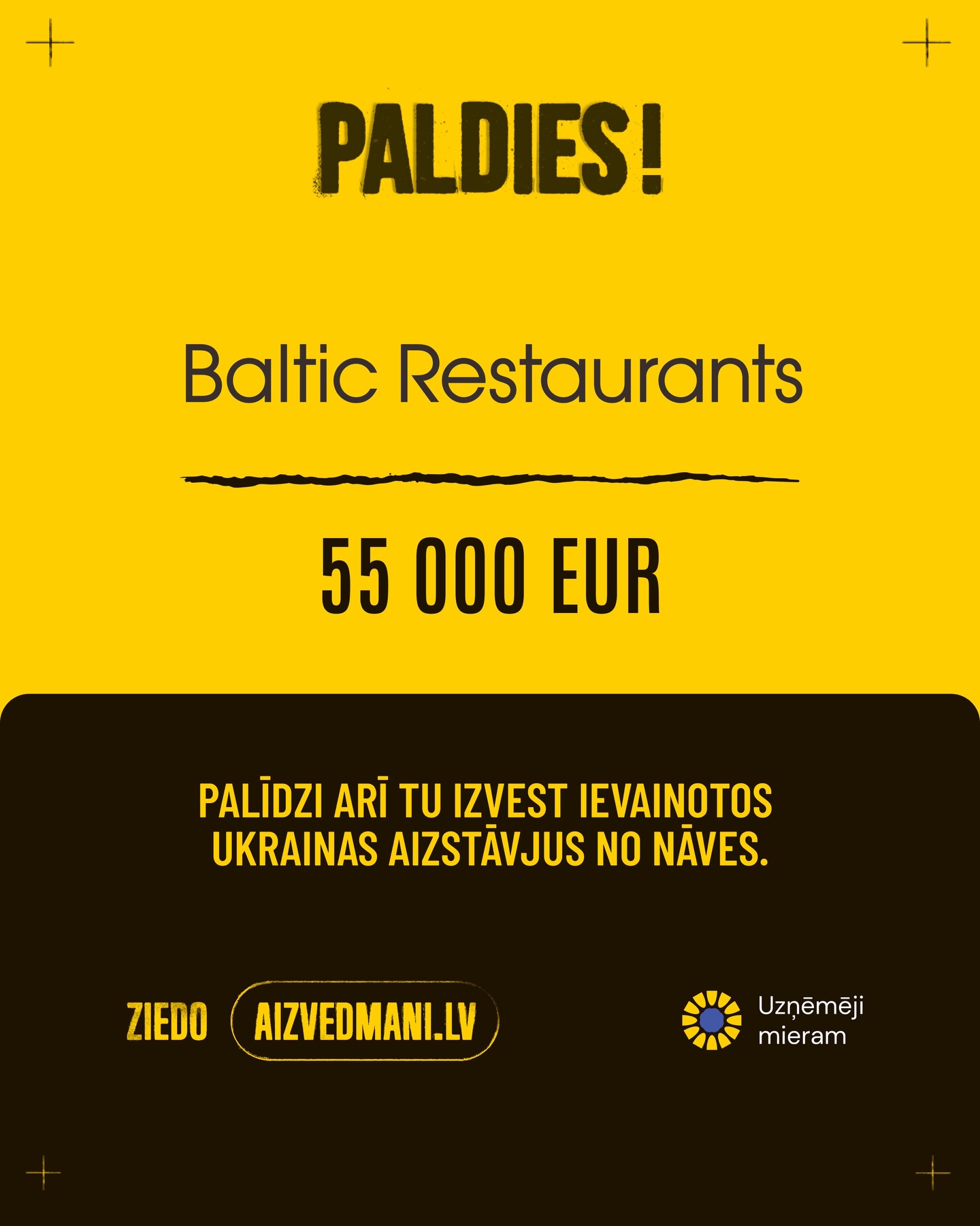 Liels paldies uzņēmumam Baltic Restaurants Latvia par
55 000 € ziedojumu.
Šis atbalsts palīdzēs glābt ievainoto Ukrainas aizstāvju dzīvības, nogādājot viņus drošībā.
Palīdzi arī tu.
👉 aizvedmani.lv