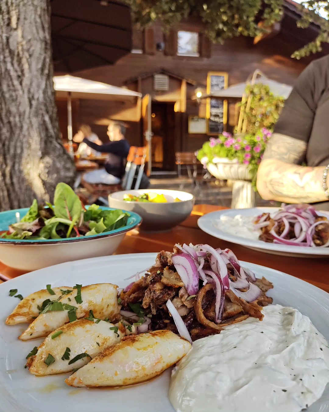 #schrebergartenglück #biergarten im #oktober #spätsommer #gyros #calamari #zaziki #salat #ouzo #abendessen #feierabend #griechisch #essen #greekfood #zurgartenlaube