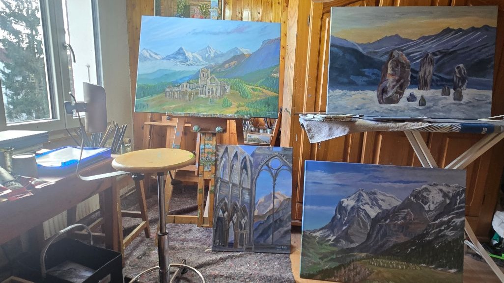 Dialogues in the studio - my latest paintings (in work) for the GSBM annual exhibition. I am trying to express the spirit of the Alps by painting landscapes of the Bernese Oberland with the surreal addition of sacred monuments that have certain similarities in shape and form with the peaks behind. Fountains Abbey, Tintern Abbey, Castlerigg menhirs, Clendy menhirs - to reflect awe and wonder. The spirit of the Alps!
