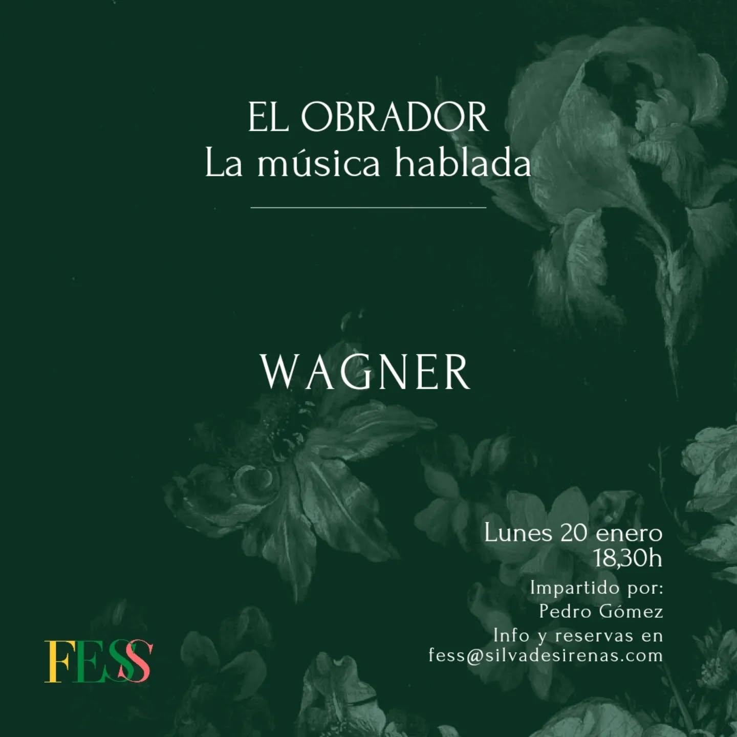 🎶Apúntate ya a la siguiente sesión de El Obrador, la música hablada.
En esta ocasión hablaremos sobre Wagner a cargo de @pedrogomezcompo
📍El lunes 20 de enero a las 18 30h
Más información www.silvadesirenas.com/actividades
Inscripción en fess@silvadesirenas.com
_____
#ElObrador #SilvaDeSirenas #UnEspacioParaElArte @rodrigo_guerrero_elorza