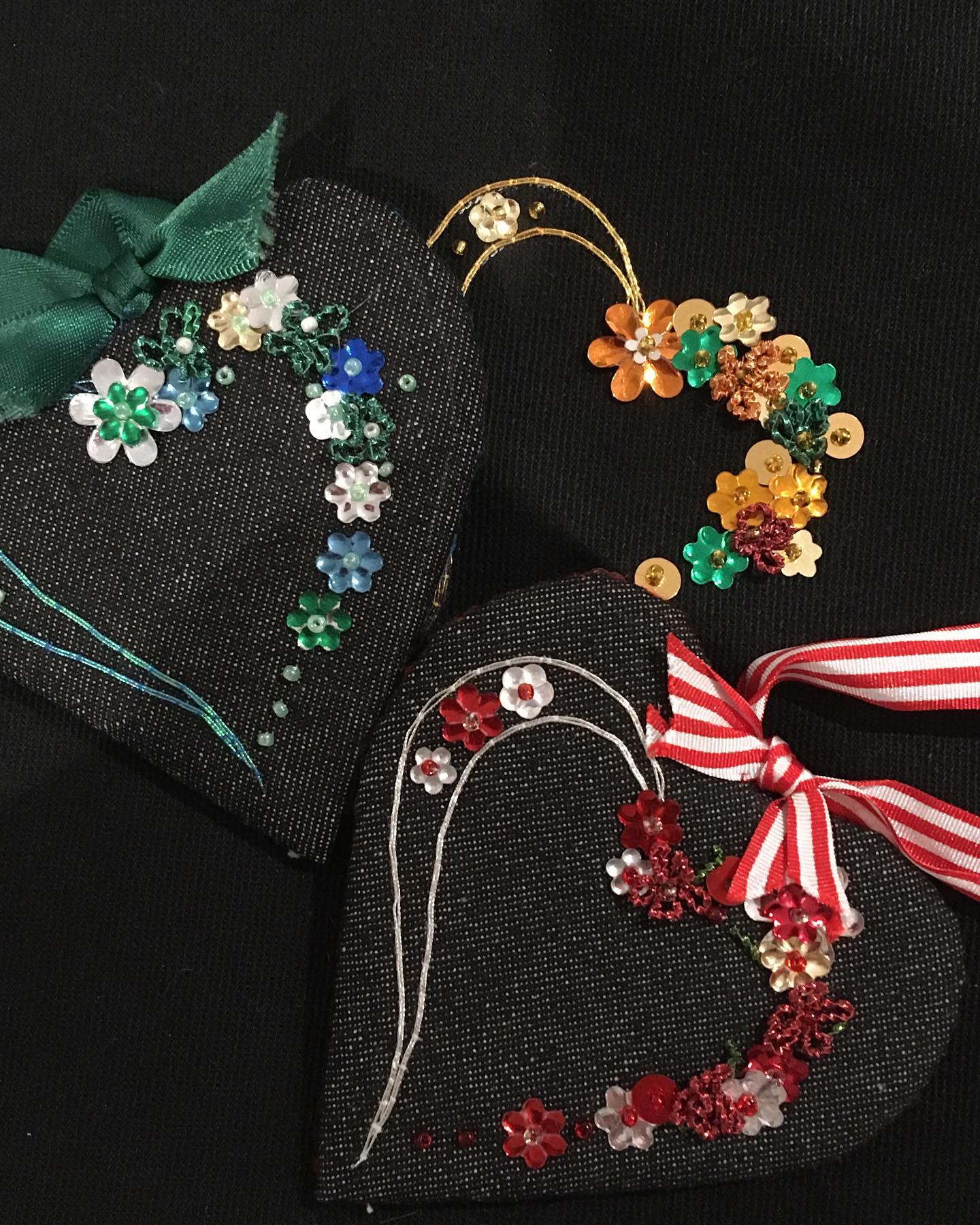 A huge thank you to the lovely group of ladies I taught this afternoon at the Harrogate Knitting and Stitching Show. It was fabulous to meet you all. If you weren’t able to join this class but would like to make one of these pretty hearts, the kit is available on my website (link in bio) #knittingandstitchingshow #goldwork #goldworkembroidery #embroiderykits #handembroidery #metalthreadembroidery #metalthreads #christmasdecorations #christmashearts #sequins #beads #hearts