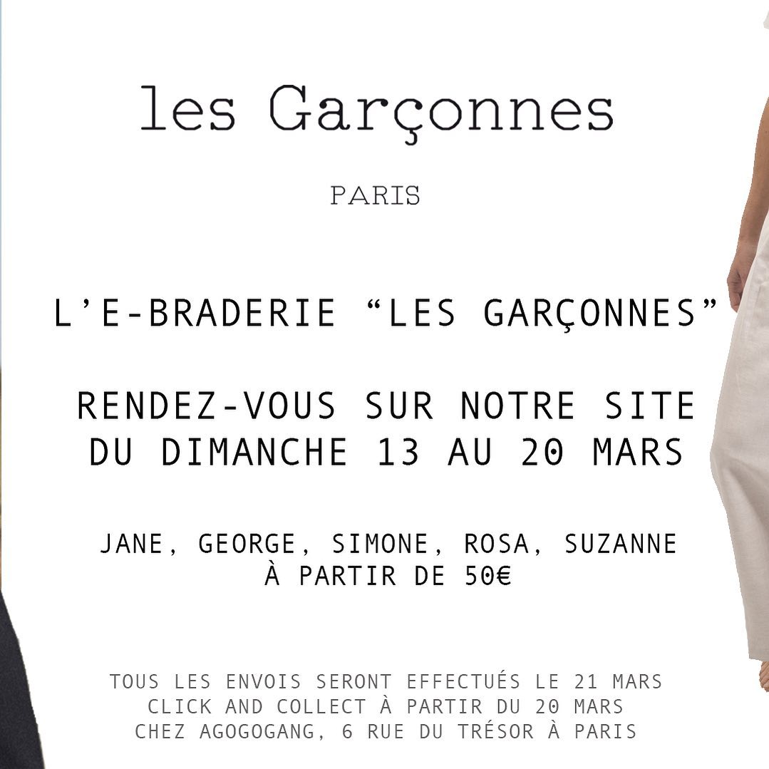 L’E-BRADERIE DES GARÇONNES
.
Profitez de prix exceptionnels sur les anciens stocks pendant une semaine
Du dimanche 13 au dimanche 20 mars, Jane, Simone, Rosa … à partir de 50€ sur le site.
.
1 produit sera mis en avant tous les jours de la semaine dans notre story ! 👀
Pour plus d’informations, n’hésitez pas à nous contacter en DM ✉️
.
.
#braderie #fashionweek #pantalon #madeinparis #madeinfrance #femme #unisex #web #mars #lesgarconnes #mode #upcycling #paris #style #inpiration #clickandcollect #soldes #lastchance