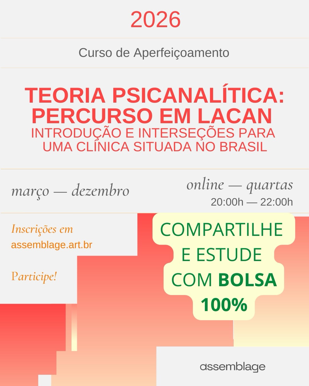 Sorteio turma PERCURSO EM LACAN 2026 ✨
Compartilhe este post e concorra a duas vagas com bolsa 100% para estudar com a gente em 2026!
Como participar:
* Siga nosso Instagram @assemblageprod
* Compartilhe este post nos stories e marque @assemblageprod + 1 amigo ou amiga
* Comente neste post marcando aquela pessoa que você gostaria de ter ao seu lado nestes estudos e que também vai participar do curso com você!
(Vale compartilhar e marcar quantas pessoas quiser!)
Para conhecer o programa completo, cronograma, datas e horários, acesse o site > link na bio.
📅 O resultado será divulgado nos nossos stories no dia 12/03.
Boa sorte e esperamos vocês por aqui! ✨