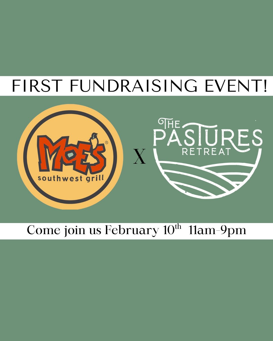 We have our first fundraising event coming up!!! We are partnering with Moe’s southwest grill (1975 Harrodsburg Road) 25% of all proceeds will be donated back to our retreat! Tuesday February 10th 11am-9pm!! The link in our bio explains more details about how you can participate in this event and register for it! Come on out, grab some good food, and help support Pastures!!! See you there!