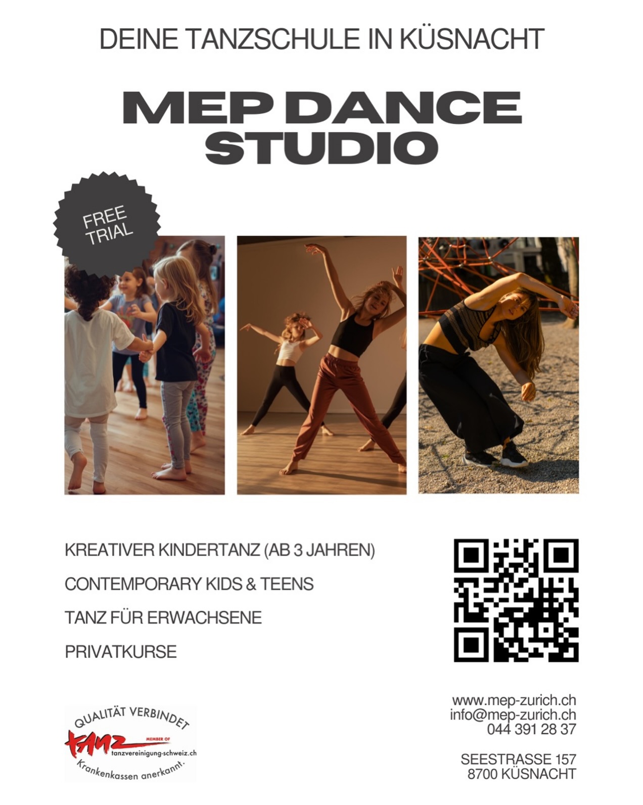 Tanzen, spielen, entdecken – für Gross & Klein
Dance, play, discover – for all ages
Von Kindern ab 3 Jahren bis zu Erwachsenen – bei uns findet jede:r seinen Rhythmus.
Nach den Sportferien startet das 2. Semester – sichere dir jetzt deinen Platz.
From children aged 3 to adults – everyone finds their rhythm.
The 2nd semester starts after the sports holidays – book your spot now.
Alle Levels willkommen – Plätze frei, jetzt anmelden
All levels welcome – spots available, book your semester
www.mep-zurich.ch
📍 Zürich / Küsnacht –
Unser Tanzstudio befindet sich im Tandem Campus, Erdgeschoss @tandemims
#tanzschule #tanzfürkinder #adultdance #contemporarydance zürich küsnacht danceclasses semesterstart