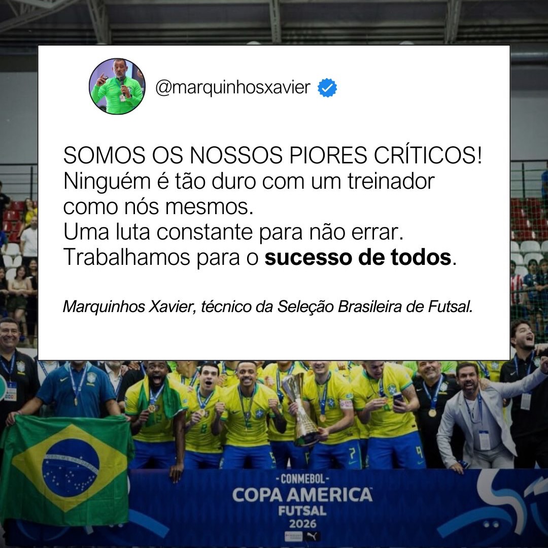 A verdade nua e crua por trás de toda grande conquista!
•
Quem nunca foi seu maior crítico? Quem nunca sentiu o peso da autoexigência na busca pela excelência?
•
“SOMOS OS NOSSOS PIORES CRÍTICOS!” A luta constante contra o erro, o desejo de perfeição e, acima de tudo, o foco em trabalhar para o sucesso COLETIVO. É essa mentalidade que transforma suor e sacrifício em conquistas.
•
Quem mais se identifica com essa pressão interna? E o que você faz para transformar essa autocrítica em combustível para o sucesso? Quero saber!
👉Marque alguém que precisa ler isso e ver que a autocrítica pode ser o início de uma grande vitória.
#futsalbrasileiro #marquinhosxavier #futsalcopaamerica #amaxfutsal