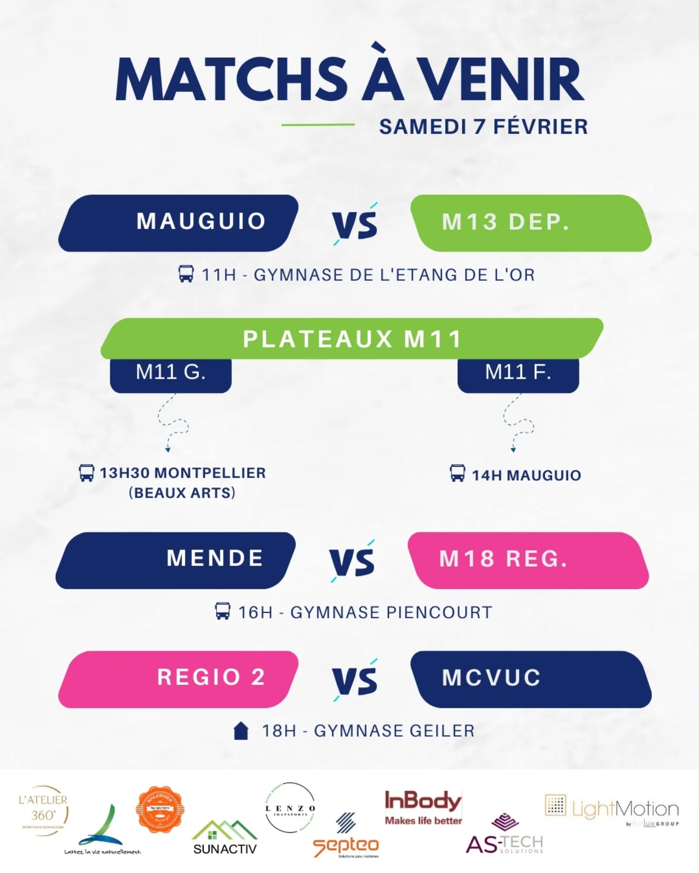 📅 Matchs du weekend 📅
🅂🄰🄼🄴🄳🄸
🚎 11h : les M15 dep. se déplacent à Mauguio, pour un match pour la seconde place du championnat 💪
🚎 13h30 - Plateaux M11 : les filles jouent à Mauguio également, les garcons se rendent à Montpellier (Beaux Arts)
🚎 16h : les M18 reg, leader du classement, se déplacent à Mende
🏠 18h : la régio 2 reçoit le MCVUC
🄳🄸🄼🄰🄽🄲🄷🄴
🇨🇵𝗖𝗼𝘂𝗽𝗲 𝗱𝗲 𝗙𝗿𝗮𝗻𝗰𝗲🇨🇵
🏠 Venez nombreux soutenir nos M13 dimanche, à domicile, à partir de 11h ! Elles reçoivent Vitrolles et Pont à Mousson
🚎 Nos M21 partent à Monaco pour ce 3ème tour. Pour les soutenir, ce sera à distance via le live YouTube 🫶
🔵Bons matchs à tous🟢
#ffvb #volleyball #volleyballlife #sport #lattesvolley