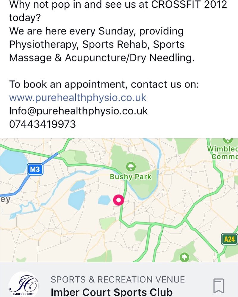 We are now at @crossfit2012uk on SUNDAYS.
#physiotherapy #sportsrehab #sportsmassage #acupuncture #dryneedling #imbercourt #esher #molesey #thamesditton