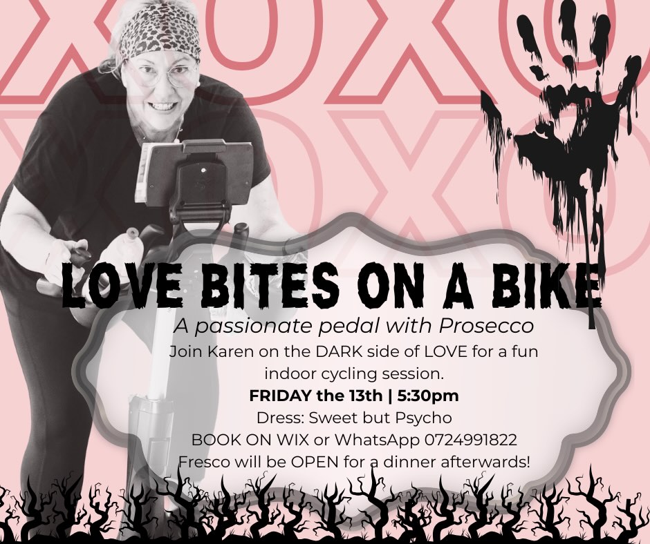 When you combine Valentine’s Day ❤️ with indoor cycling on Friday the 13th…👻 you get…
Love Bites on a Bike
Join us!
R160
Fun tunes. Dress up.
Fresco will be OPEN for dinner and drinks.
@fresconotties