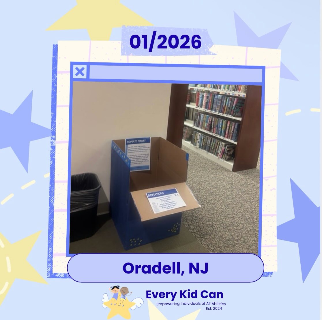 Every Kid Can placed our twelfth donation box at the Oradell Public Library in Oradell, NJ during the month of January 2025.
Every donation helps bring joy and inclusion to our community, so thank you to all who supported through donating.
Thank you for supporting our mission!
#donationboxes #libraries #disabilityawareness #everykidcan #neurodiversity