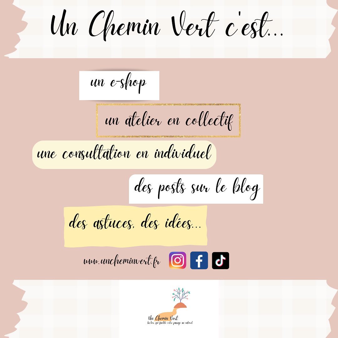 Un Chemin Vert, c’est un concept de box pour faciliter le passage au naturel.
Elles sont dispos sur l’e-shop et dans certains points de vente.
MAIS Un Chemin Vert ce n’est pas que ça : c’est aussi un atelier en collectif et une consultation en individuel pour aider à faire des économies d’énergie ; c’est quelques posts sur le blog pour partager des idées afin de générer moins de déchets ; des publicztions et/ou story sur Facebook et Instagram (et des vidéos sur TikTok) avec des astuces ou des recettes sur la réduction des déchets.
Un Chemin Vert c’est aussi des rencontres lors des déplacements en entreprise, des conversations passionnantes lors de marchés.
Et vous, vous me suivez où ? 🙈
#uncheminvert #box #sain #durable #bio #astuce #recette #atelier #consultation