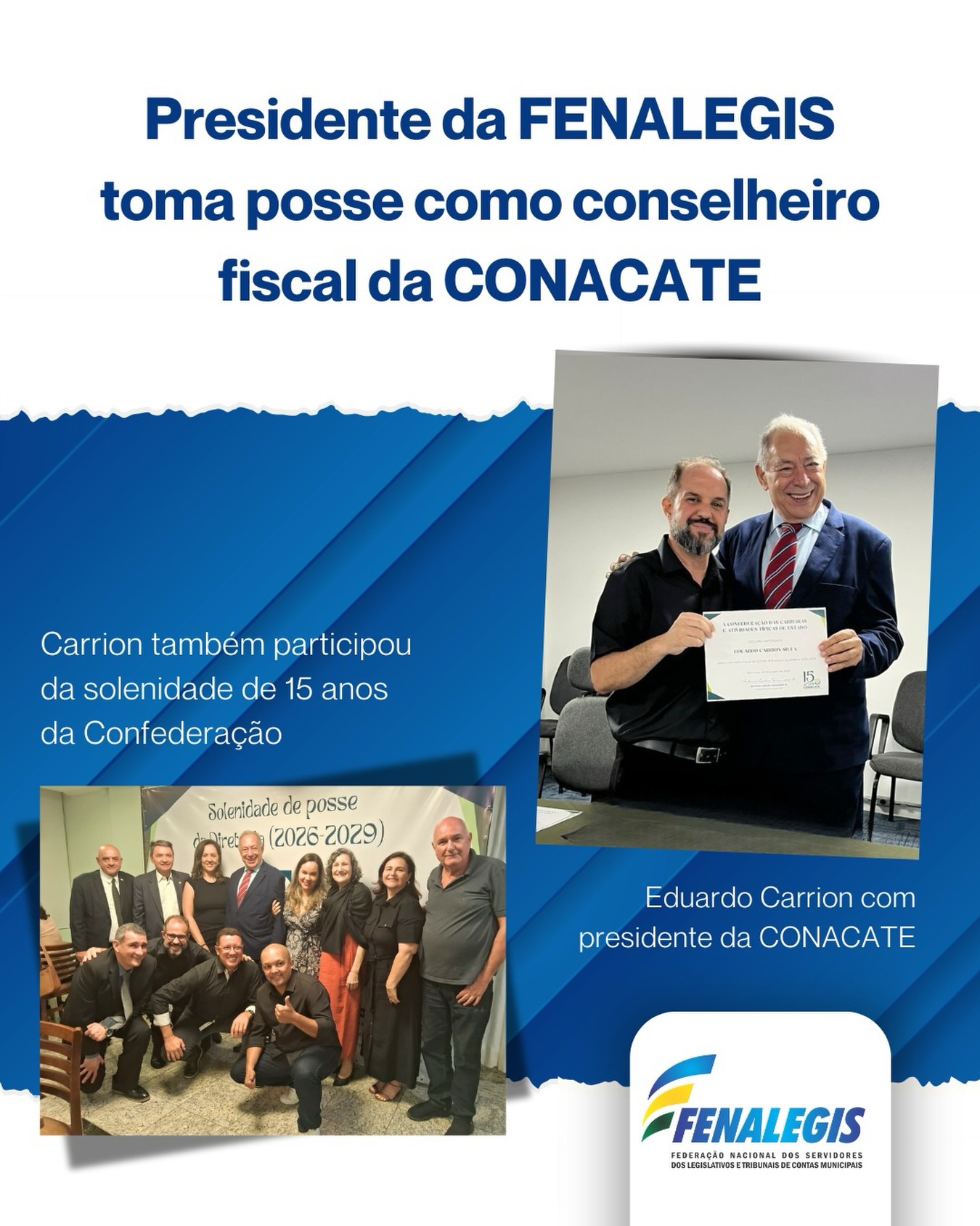 Na última sexta-feira (30/01), o presidente da FENALEGIS, Eduardo Carrion, tomou posse como conselheiro fiscal na Diretoria Executiva da Confederação Nacional das Carreiras e Atividades Típicas de Estado (CONACATE). A solenidade ocorreu na sede da Associação dos Delegados de Polícia do Estado de SP (ADPESP), e contou com a participação de entidades representativas de diversas partes do Brasil.
Além da posse, a ocasião celebrou os 15 anos de fundação da CONACATE e um coquetel brindou a chegada dos novos diretores e conselheiros.
.
.
#fenalegis #CONACATE15anos