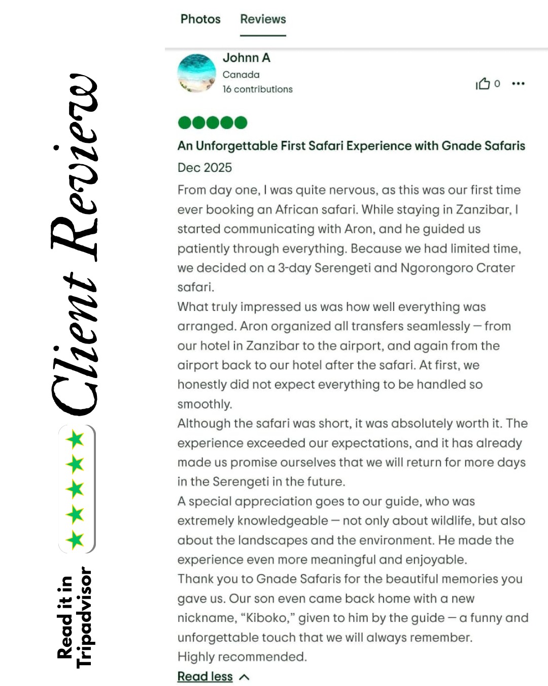 ⭐⭐⭐⭐⭐ REAL GUEST. REAL EXPERIENCE.
“From day one, we were nervous…
By the end, we were already planning our return.”
This is what happens when a first-time safari is done the right way.
From seamless Zanzibar–Serengeti–Ngorongoro transfers, to expert guiding, to small unforgettable moments (yes — even a new nickname, “Kiboko” 🐘), we’re proud to create safaris that go beyond expectations.
Thank you John & family from Canada for trusting Gnade Safaris with your first African safari — and for these beautiful words.
👉 Planning your first safari?
Let local experts handle every detail.
📩 DM Gnade Safaris | 🌍 Tanzania & Zanzibar Safaris
#GuestReview #SafariMemories #FirstTimeSafari #TanzaniaSafari #SerengetiSafari #NgorongoroCrater #GnadeSafaris #trustedbytravelers