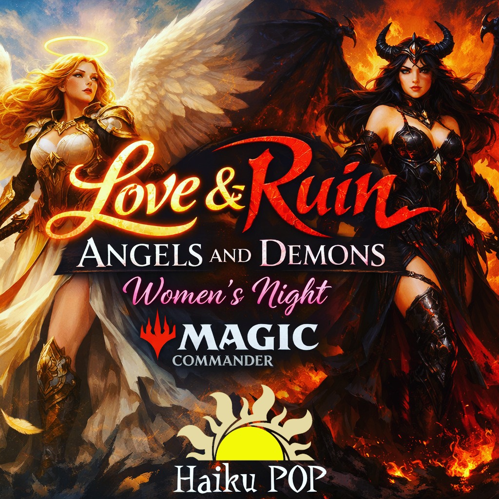 💔😇 Love & Ruin: Angels and Demons Women’s Night 😈🔥
Have your halos and horns ready—Valentine’s Day is right around the corner, and so is Women’s Night!
Join us for an Angels & Demons–themed Women’s Commander Night @ Haiku Pop Gaming & Collectibles.
Wednesday, February 4th at 6:00 PM.
This event will be Commander format and is welcoming to both beginners and seasoned players, so whether you’re just starting out or bringing your favorite deck, you’re more than welcome!
#mtg #magicthegathering #riversideca #haikupop #morenovalley #mtgcommunity #mtgcommander