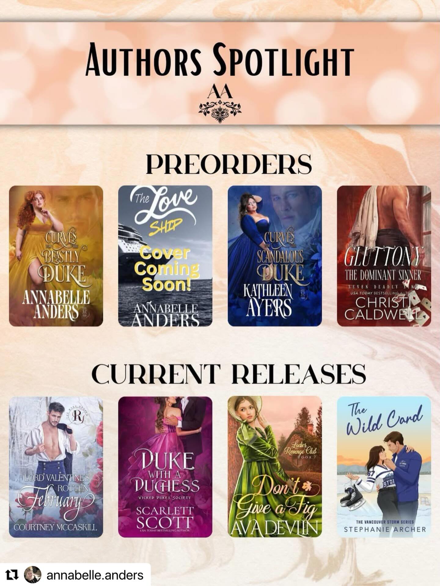 #Repost @annabelle.andersl
・・・
These amazing authors have books available now and for preorder!!
PREORDERS
Curves for the Beastly Duke by Annabelle Anders
https://amzn.to/4neCyws
The Love Ship by Annabelle Anders
https://amzn.to/4bAaTns
Curves for the Scandalous Duke by Kathleen Ayers
https://amzn.to/4ayhezl
Gluttony: The Dominant Sinner by Christi Caldwell
https://amzn.to/46sGCUi
NEW RELEASES
Lord Valentine’s Rotten February by Courtney McCaskill
https://amzn.to/49TQHwl
Duke with a Duchess by Scarlett Scott
https://amzn.to/4tebdyH
Don’t Give a Fig by Ava Devlin
https://amzn.to/48E6Kw2
The Wild Card by Stephanie Archer
https://amzn.to/4kaoZyt
Annabelle Anders Historical Romance Authors Current Release Out Now Book Birthday BookTok BookRec FYP For Your Page Preorder
