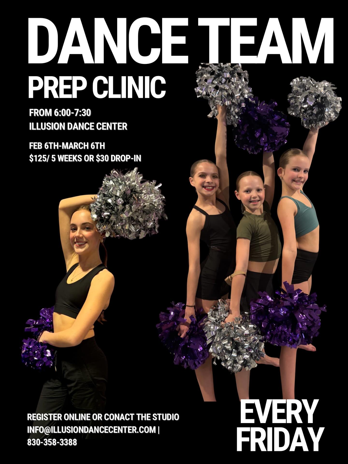 We kick off our 5-Week Dance Team Prep Clinic THIS FRIDAY⭐️
The perfect opportunity to get help with your technique, learn some fun combos, get audition tips & tricks & more!!