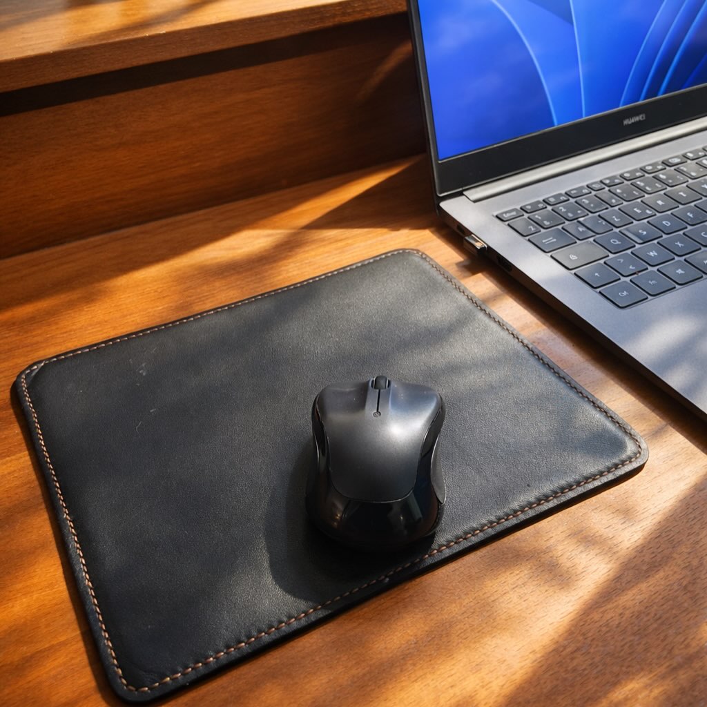 Tapis de souris bicolore réversible composé de deux épaisseurs de cuir lisse (noir et marron), dessus dessous, et d’un morceau de cuir selpa entre les deux pour le côté esthétique. Couture à la main (point sellier). Personnalisation sur demande.
#tapisdesouris #cuir #mousepad #maroquinerie #creatricefrançaise