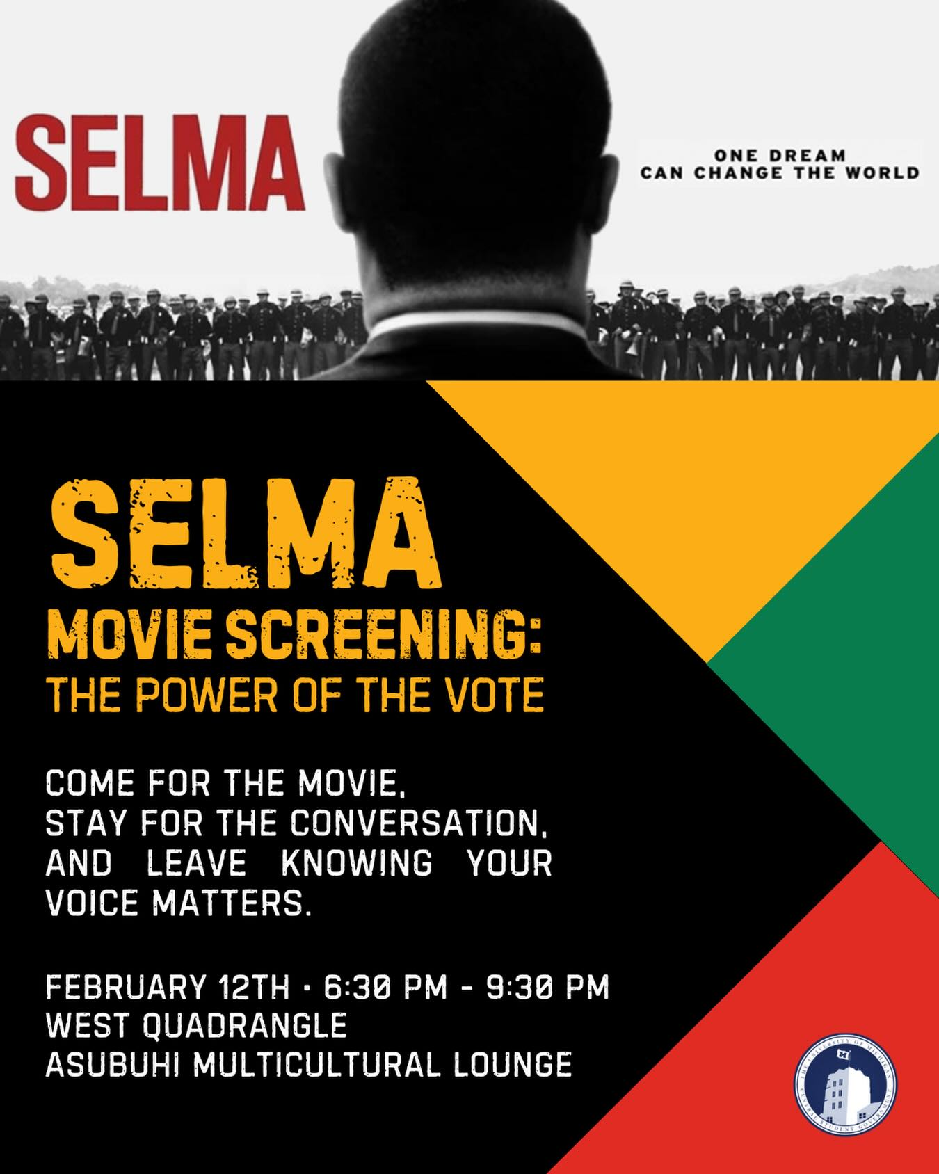 Join us to celebrate Black History Month with a screening of the film Selma, with a discussion following the movie!
🗓️ February 12, 6:30-9:30 PM
📍 Asubuhi Multicultural Lounge in West Quadrangle
#goblue #blackhistorymonth #universityofmichigan