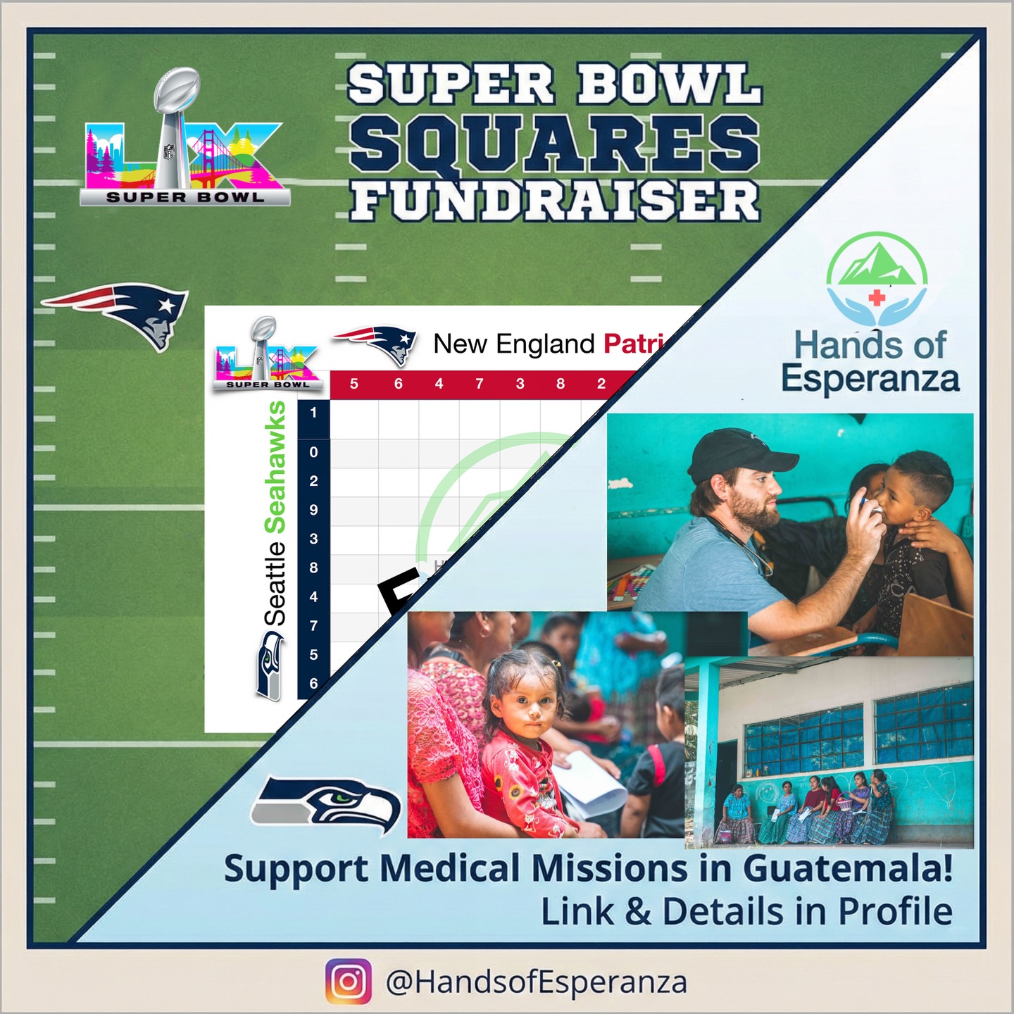 Super Bowl Squares Fundraiser (Link is in our Profile)
Whether you’re a die-hard football fan or just in it for the halftime show and snacks, we invite you to join us on Sunday, February 8th, for our Super Bowl Squares Fundraiser! This virtual event supports Hands of Esperanza and the work we’re doing to build the second floor of a medical clinic in Alta Verapaz, Guatemala.