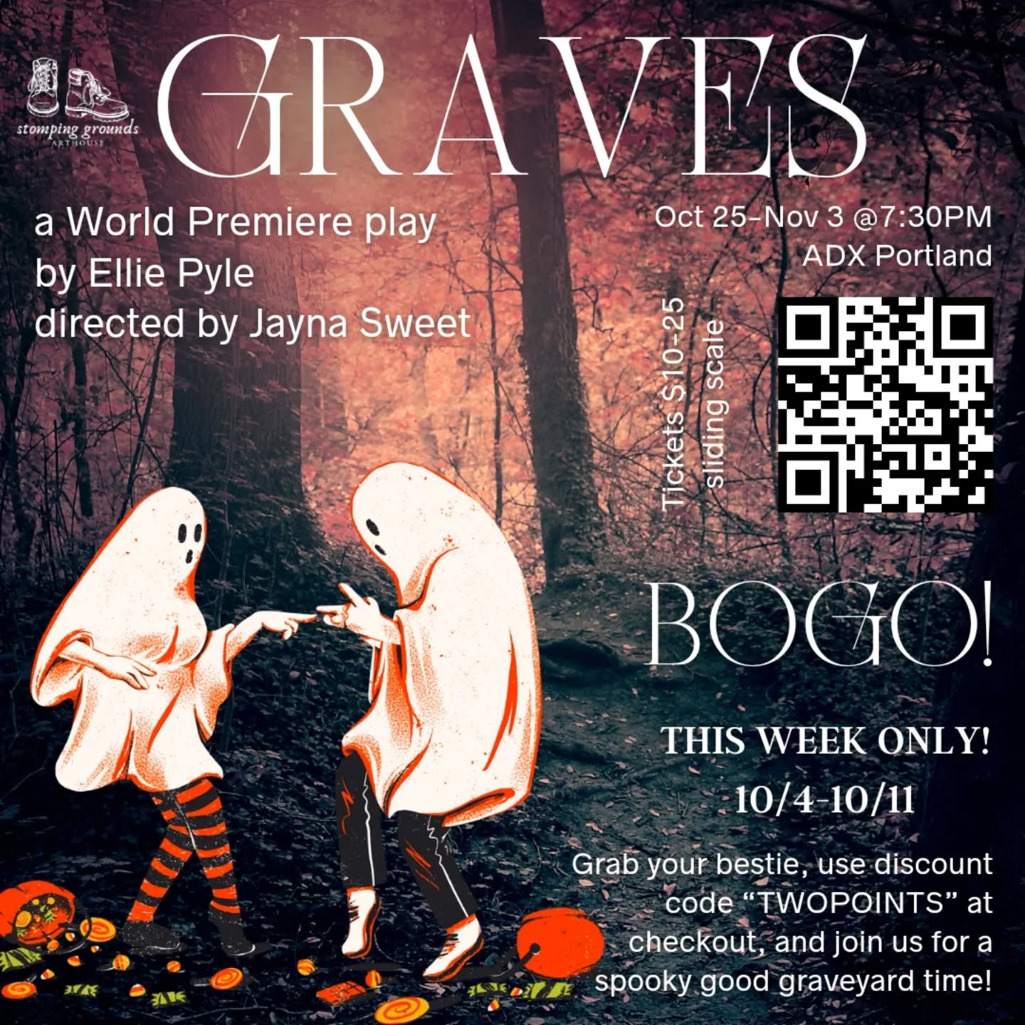 It's October! Which means it's "Graves" month! To celebrate, for this week only you can use the code TWOPOINTS to get two tickets for the price of one! That's right, this code will get you 50% off an order of $20 or more! 😱 What a scary good deal! 👻
Grab a friend (or three) and join us in the graveyard at @adxportland Oct 25-Nov 3!
#portlandtheatre #halloween #halloweenevent